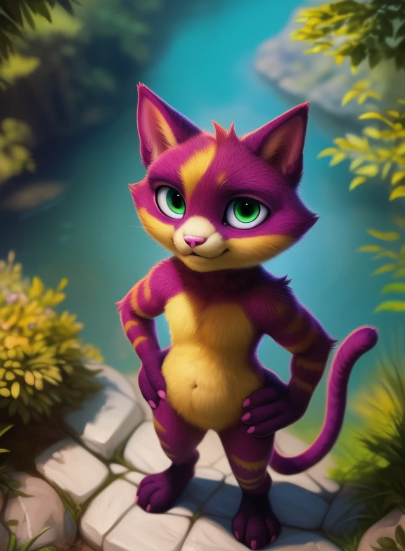 <lora:LinoCatUmaAveYif:0.9> LinoCatUmaAve, cat, pink nails, ,  purple fur with yellow, tail, pink nose, light green eyes,
Looks at the viewer,   day, [  solo, nature, day, clouds, waterfall, flover]  ((Hands on hips, standing, high-angle view,))
(beautiful, aesthetic, perfect, delicate, intricate, saturated colors), masterpiece, digital drawing, best quality,
by ulitochka, by taran fiddler, by Silverfox5213, by personalami,