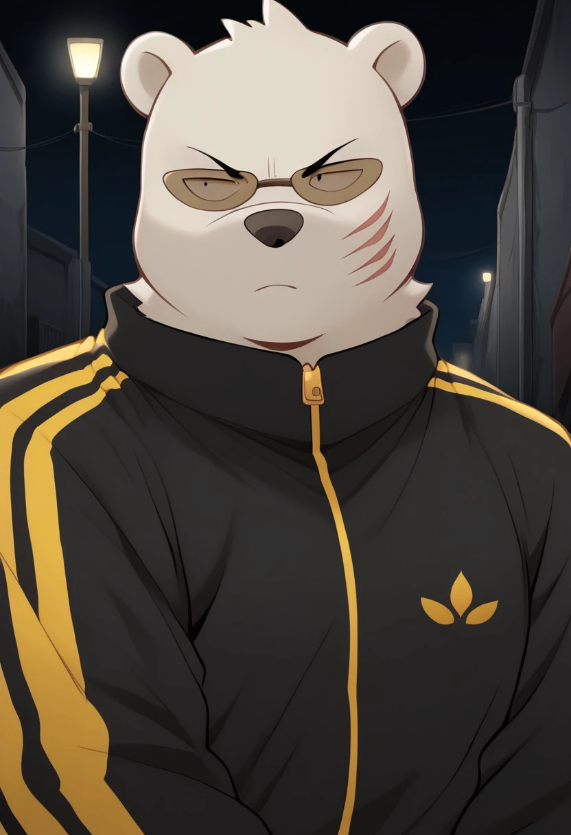 furry male, goggles, black pupils, anthropomorphic polar bear, white fur, scar on the cheek on right, tail polar bear, male, cartoon, fat, narrow eyes, thin eyebrows, polar bear ears, Scar on one side, scarred cheek on right, black eyes, 4k, masterpiece, best quality, highly detailed, detail background, outfit, black outfit, track suit, yellow accents, black tracksuit, yellow stripes, zipper jacket, yellow sneakers, casual sportswear, standing in a dark alley, arms crossed, looking ahead with a serious expression, his black tracksuit blending into the shadows, faint street lights in the background, upper body, profile view, close up, male focus