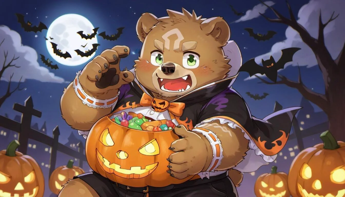 g abu,furry,green eyes,bear boy,bear ears,<lora:Gabu-000024:0.8>,<lora:PerfectEyesXL:0.4>,perfecteyes,halloween,halloween costume,moon,score_9,score_furry,child,solo, 