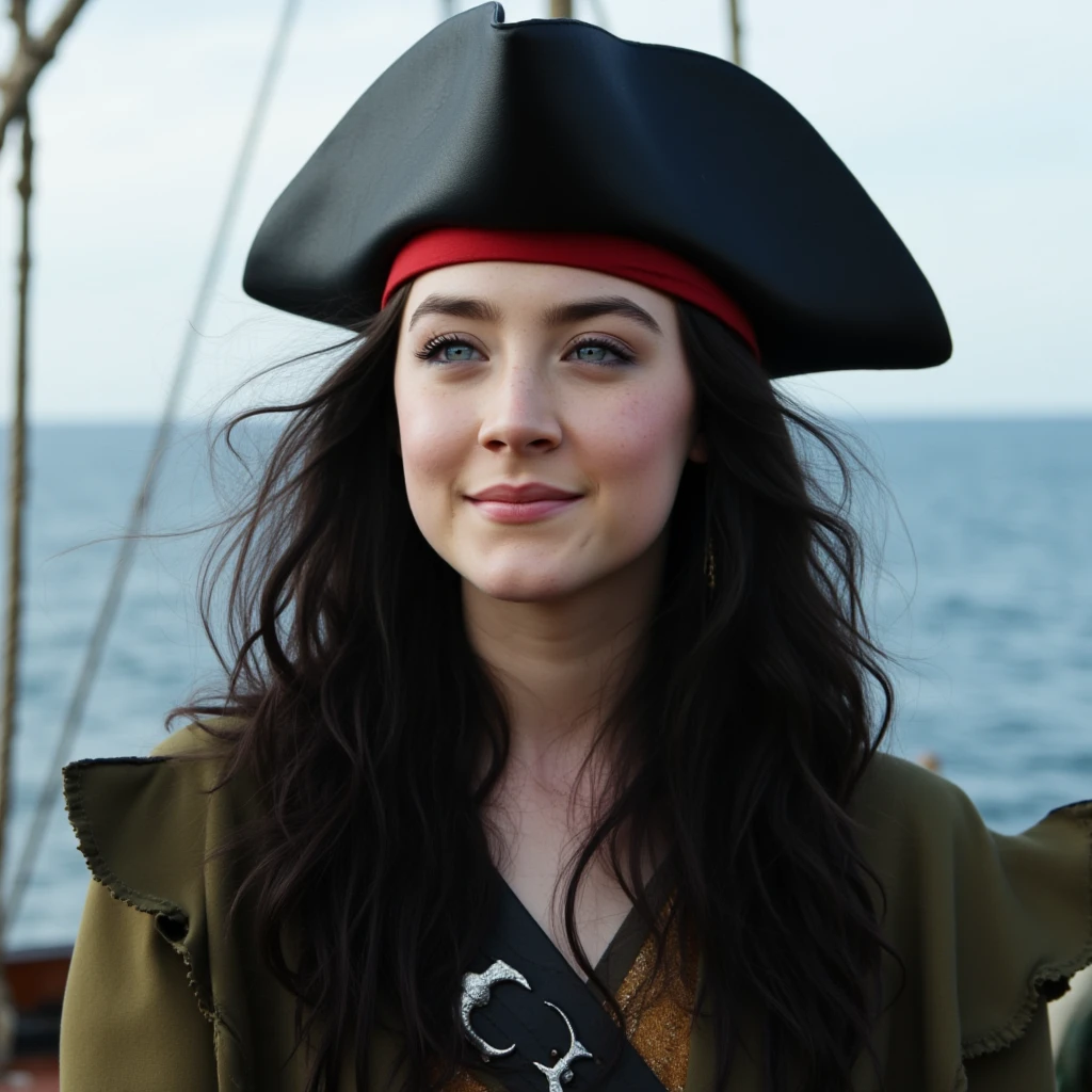 Candid photo of a pirate woman with long wavy black hair in the see breeze standing on the front mast of a pirate ship looking contently into the distance. She is wearing a pirate's hat and has a rapier sword strapped to her waist. , <lora:Saoirse_Ronan_FLUX_v1-000037:1>