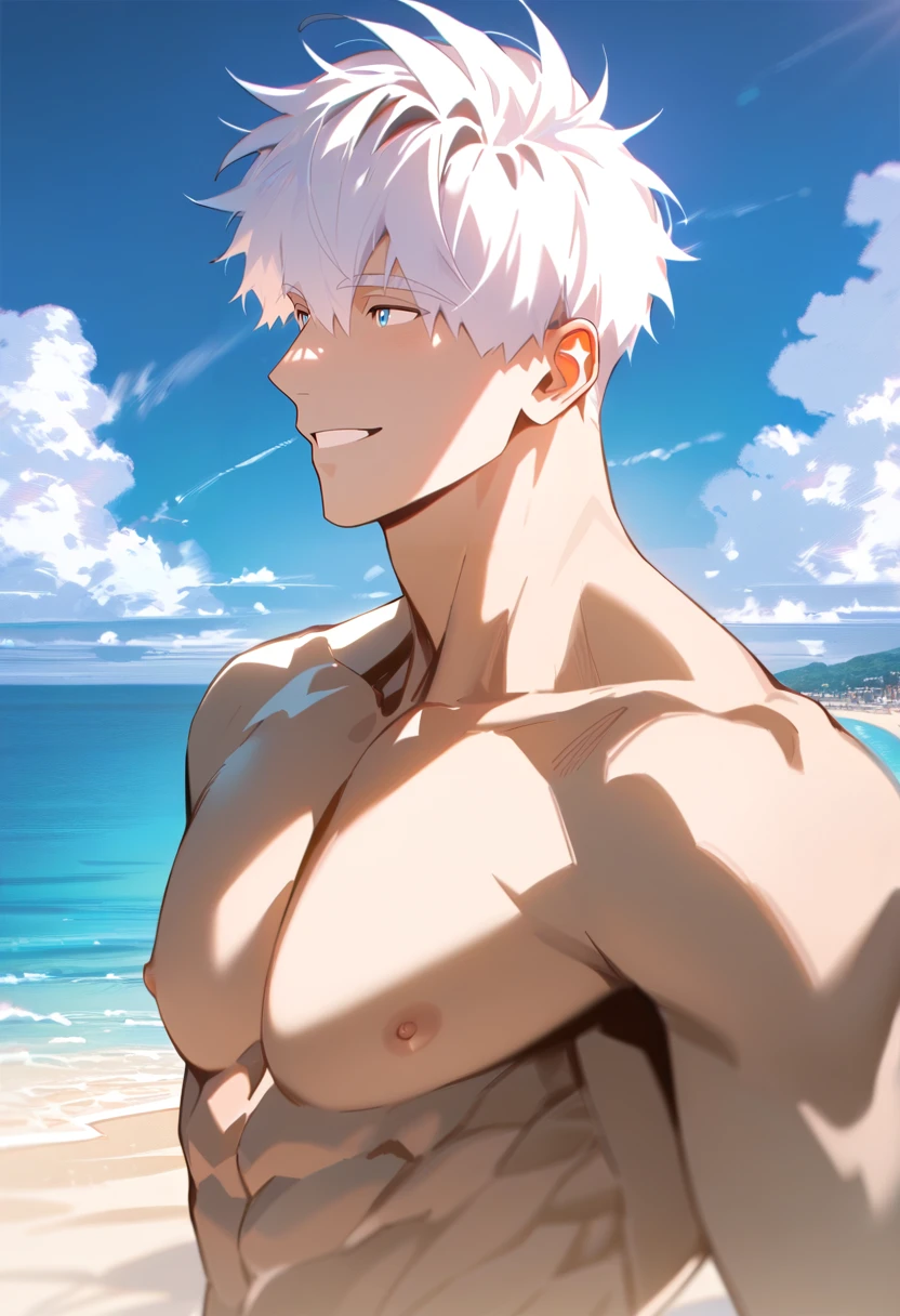 score_9,score_8_up,score_7_up,best quality,amazing quality,best aesthetic,absurdres,good colors,bright skin,good shading,countershading,detailed background,
1boy,male focus,solo,<lora:éµåMignon:0.8>,short hair,white hair,bangs,blue eyes,muscular giant boy,detailed hair,(highlight:1.3),kind_smile,smile,
muscular,white shirt,short sleeve,looking_afar,topless,pectorals,nipples,black shorts,wide_shot,
outdoors,beach,sea,sand,sky,blue sky,
<lora:Expressive_H:0.8>,Expressiveh,<lora:aesthetic_anime_v1s:1.2>,<lora:detailed_backgrounds_v2:1>,