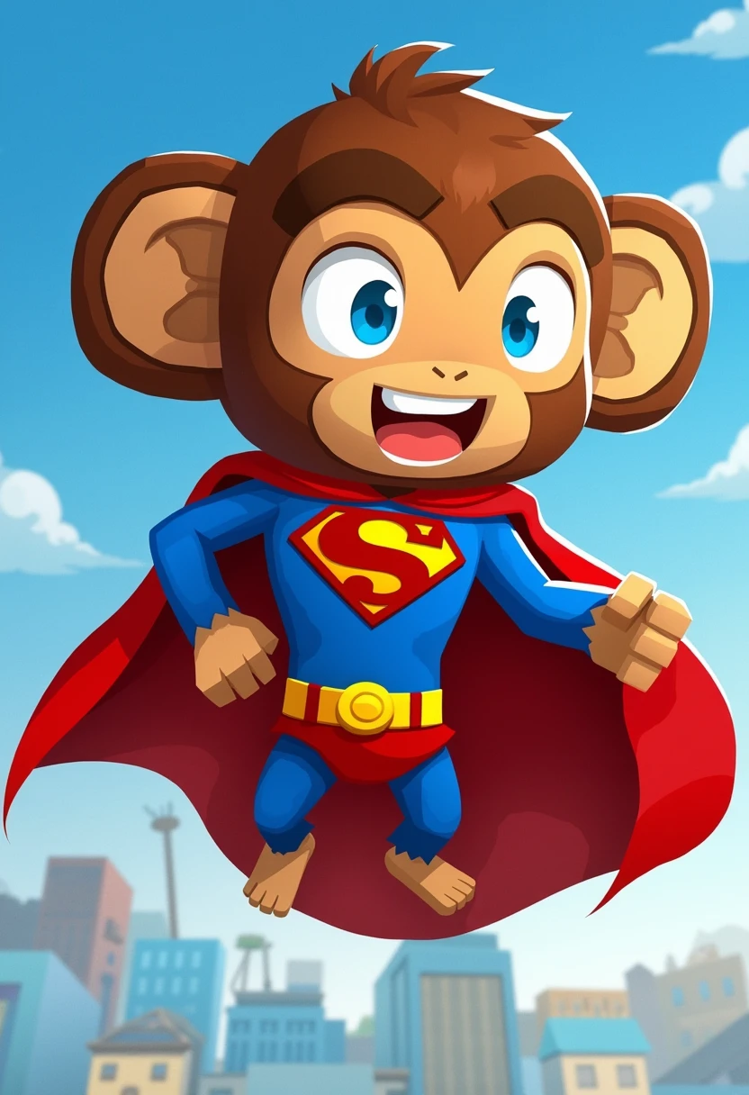 <lora:BTD6guy90FluxV1-000001:1>, superman if he was a monkey in the style of bloonstowerdefense6. He also has blue eyes