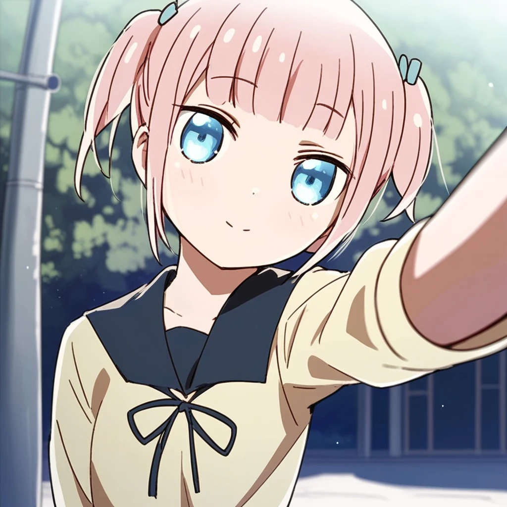 score_9, solo, moeha_fujiwara, pink hair, short hair, twintails, blue eyes, school uniform, selfie, outdoors, natural lighting