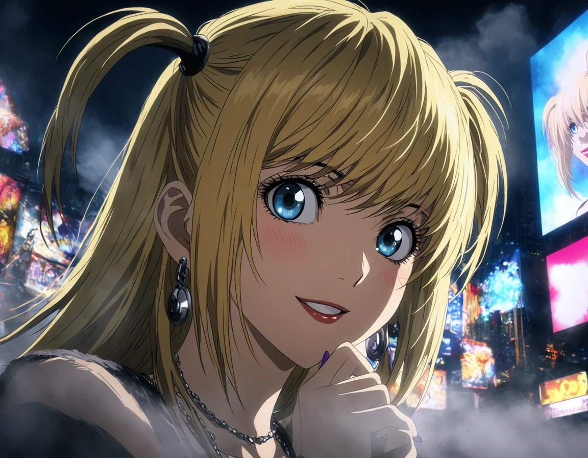 1girl, portrait of Misa Amane, death note, Modern Anime, adult female, From Death Note anime, best quality, 8K, DSLR quality, Bloom Lighting, Good Face, Beautiful Face, Slim, highly detailed,  glow, extreme details, fog, smoke, blond hair, full body, happy, smile, perfect eyes, <lora:perfect-eyes:1>, perfecteyes, eyes reflection, detailed eyes, upper body, hdr quality, full of color, smoke, cinematic, night, moon light, 2010s, windy, hair swaying in wind, purple nail polish, nigh time, blue eyes, grainy, chromatic aberration, adult woman, Depth of field effect, uwu, cute, blush, perfecteyes, eyes reflection, detailed eyes, upper body, shy smile, hdr quality, hands doing cute pose, full of color, smoke, cinematic, in city, times square, no crowd, <lora:misa_amane-step00000862:1>