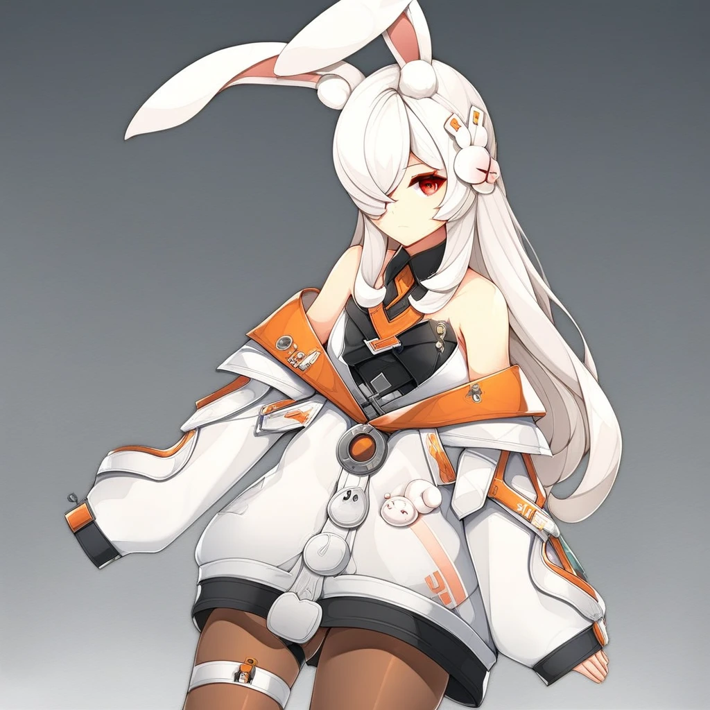 k1ra-ft, 1girl, animal ears, rabbit ears, red eyes, hair over one eye, long hair, jacket, white hair, off shoulder, pantyhose, thigh strap, bangs, white jacket, closed mouth, hair ornament, rabbit girl, bare shoulders