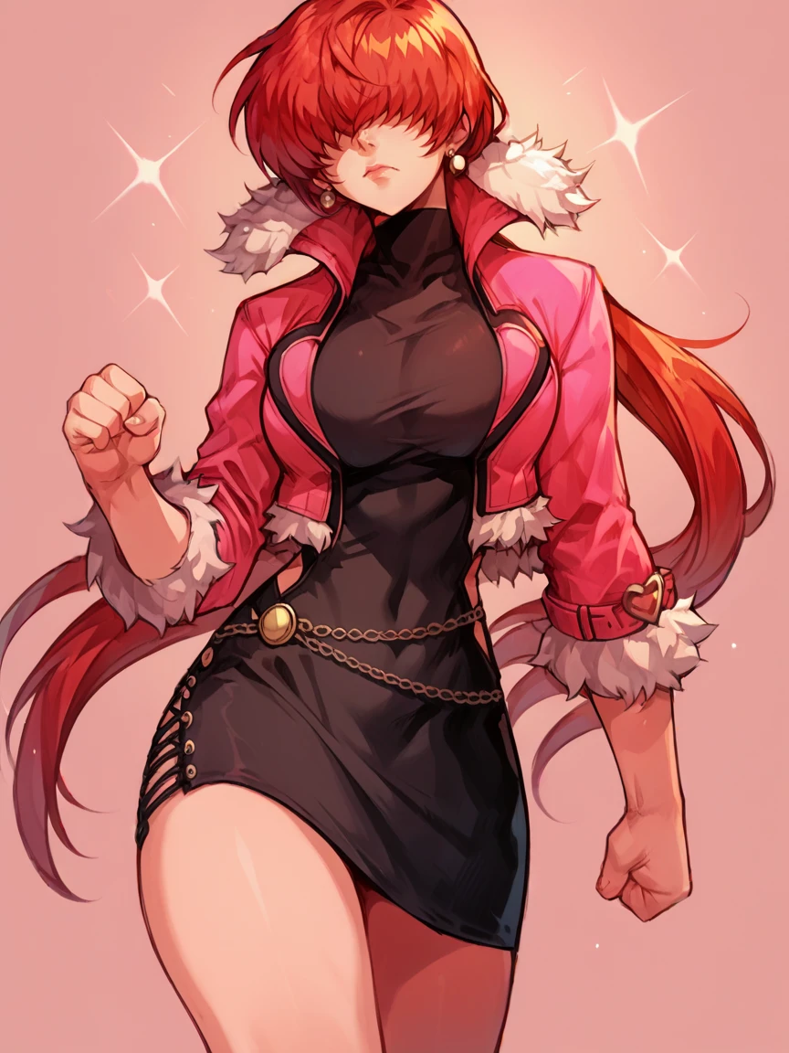 score_9, score_8_up, score_7_up, score_6_up, score_5_up,  <lora:ShermieKOFXLP:0.8> shermiekof, 1girl, solo, hair over eyes, red hair, large breasts, long hair, boots, pink jacket, fur trim, dress, closed mouth, clenched hands,   <lora:90s4n1m3XLP:1> 90s4n1m3