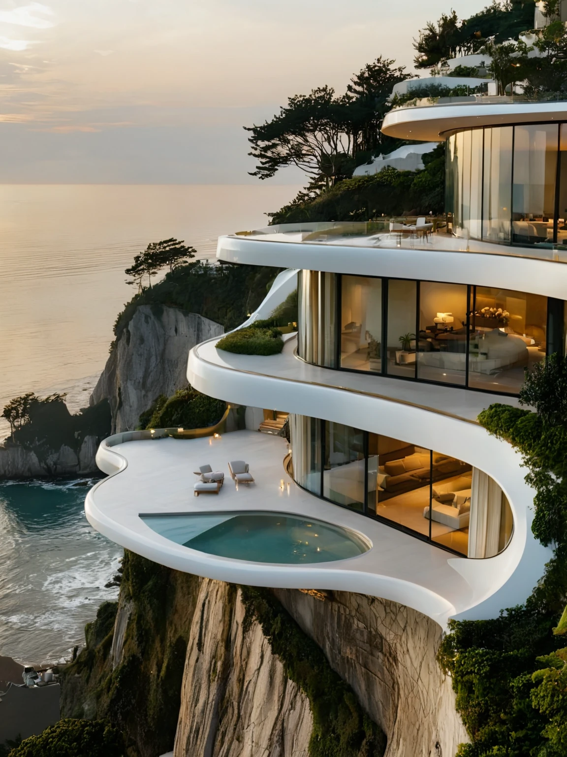 <lora:JJsCliffHouse_XL:1> , ((Cliff House)),  masterpiece, best quality,  cloud, building, no humans, outdoor, plant, scenery, skyt, tree,  center composition,  golden hour, ocean, curvy, glass,