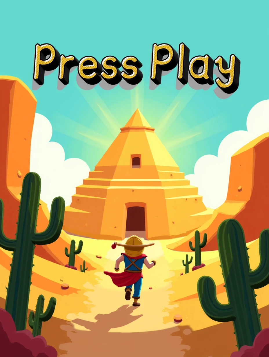 Juaner_font,

On a bright desert landscape background, the text says “Press Play”, and the image shows a hero running toward a pyramid with cacti around