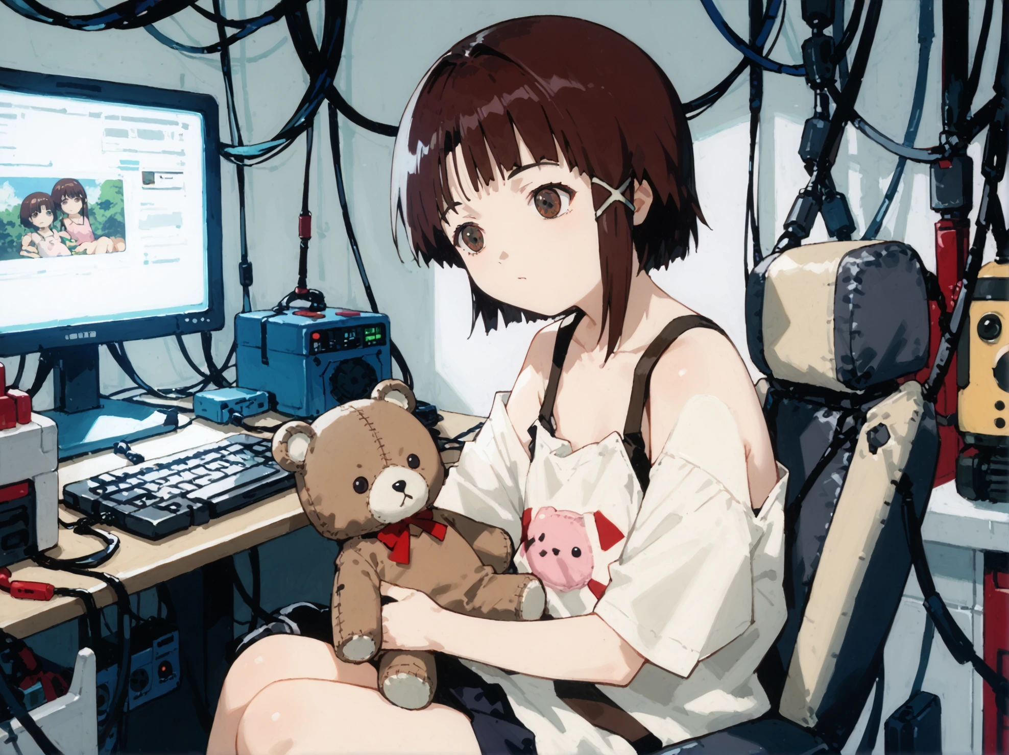 (Masterpiece:1.3), (best quality:1.2), score_9, score_8_up, score_7_up, source_anime, <lora:Lain:1>,lain_wired, 1girl, stuffed animal, stuffed toy, solo, asymmetrical hair, short hair, brown hair, hair ornament, cable, hairclip, solo,cyborg,cable on computer,computer wire,4k,eye detail,