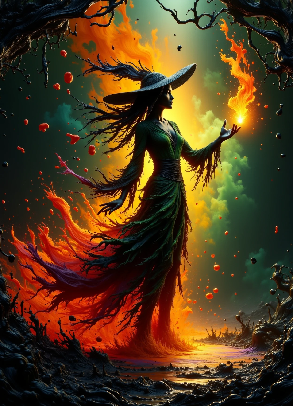 donmp41n717bl4ckfx sfw,digital artwork,  female enchantress  Practicing enchantment shaped like Beam of light orange elven leaf and earth manipulation (shaping and moving the ground), colorful, surreal