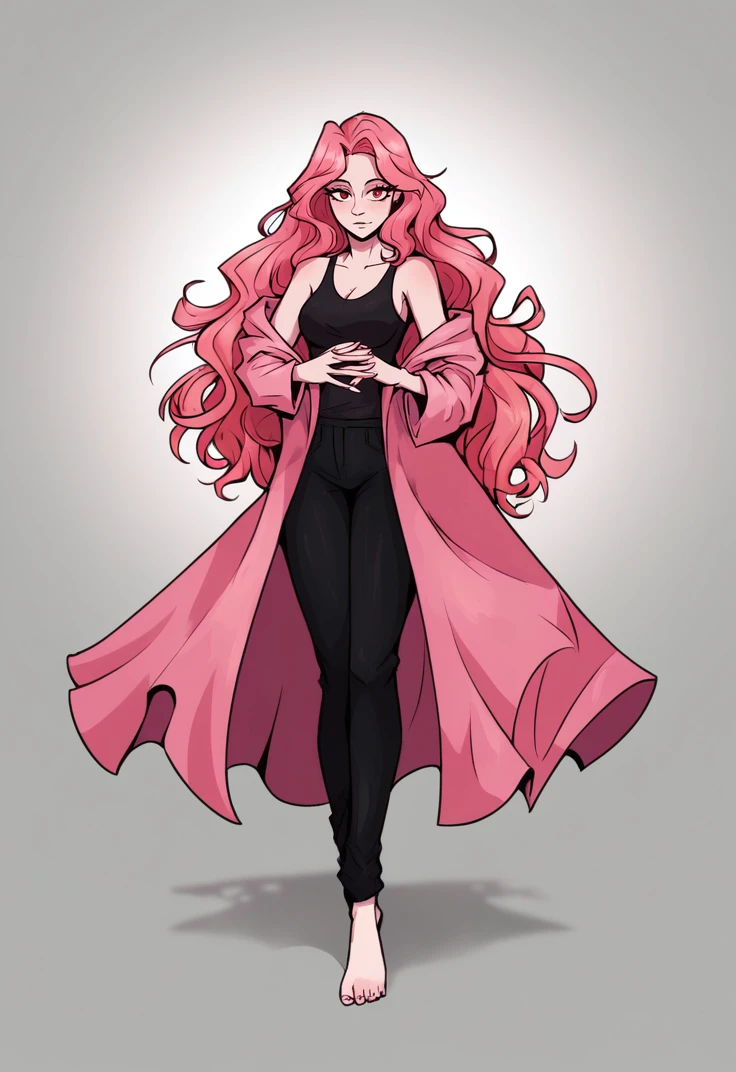 (score_9, score_8_up:1.1), score_7_up, masterpiece, perfect face, beautiful face, perfect hands, beautiful hands, <lora:BakaijuStyle:1>, BakaijuStyle, 1girl, solo, long hair, pink hair, wavy hair, red eyes, black tank top, black pants, barefoot, pink long jacket, full body, standing