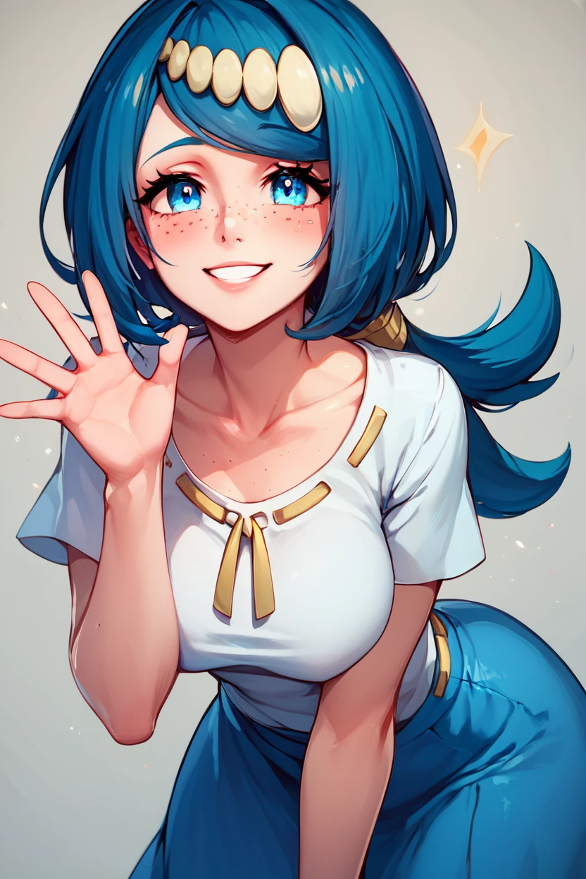 score_9, score_8_up, score_8, medium breasts, (curvy), cute, eyelashes,       BREAK, , zzLanasMother, blue hair, blue eyes, long hair, freckles, large breasts, hair ornament, white shirt, blue skirt, <lora:LanasMother_Pokemon_PDXL_Citron:0.8>, , BREAK, looking at viewer,  smile, waving, upper body, leaning forward, head tilt,  embedding:zPDXL, Expressiveh, <lora:CatalystStylePDXL:0.6>,  <lora:SDXLFaeTastic2400:0.5>,  <lora:Expressive_H-000001:0.4>,