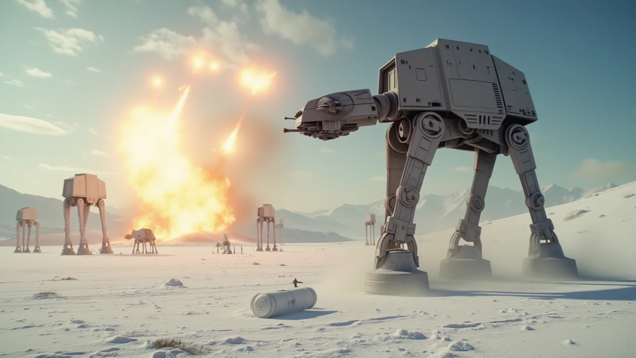 a star wars style,lucasfilm movie still of a 30 meter tall at-at walking on a ice desert planet,bomb explosions,dramatic camera angle,epic composition,lens flare, <lora:AT-AT:1>, <lora:star wars style v1:1> star wars style