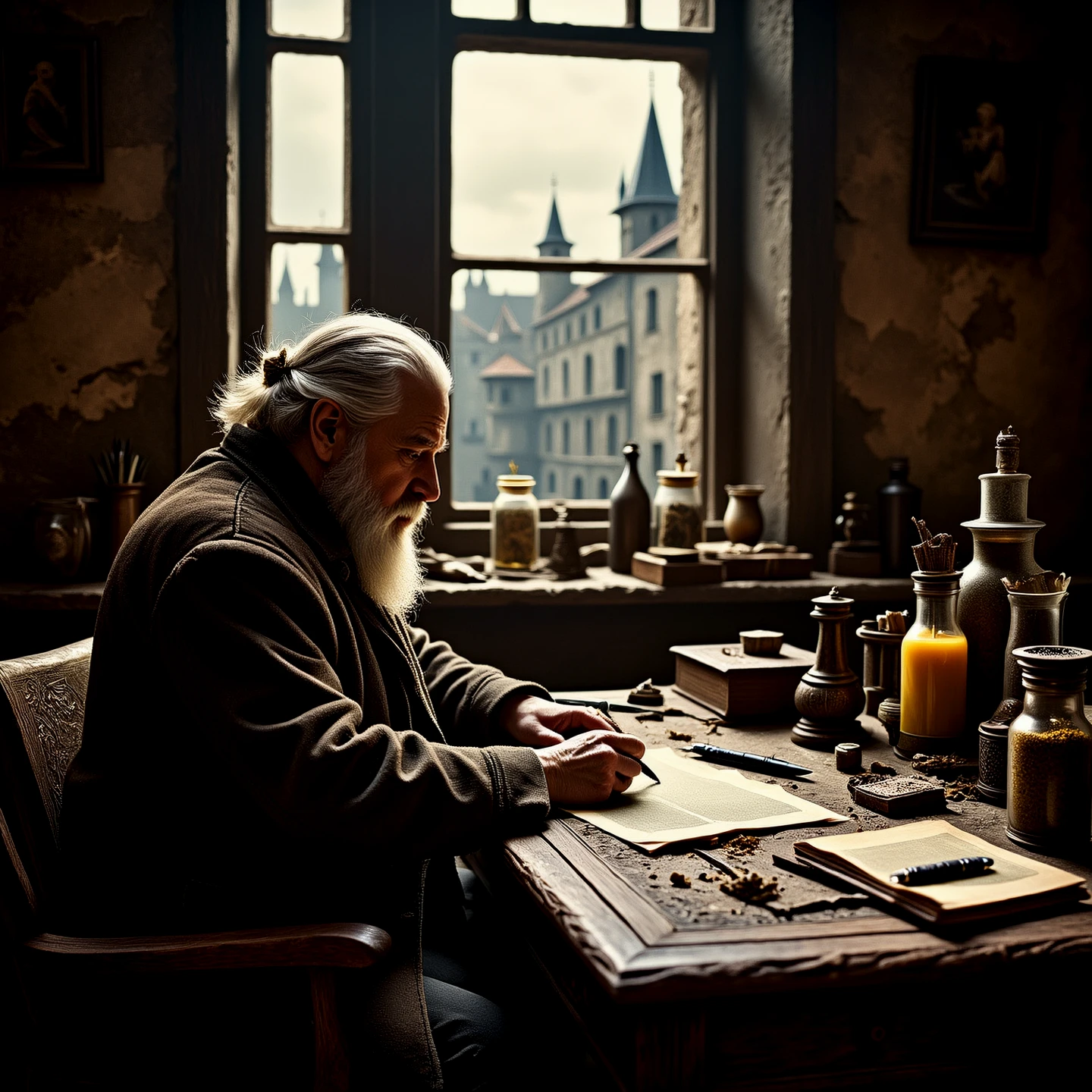A wizard in his secret room, puzzling over books and potions, casting mystical spells. A city outside the window. His hair and beard are white, his eyes a rheumy. The man looked intensely focused on his work. Shafts of sunlight shine through the window.

Atmospheric, moody, rustic. Dark. Mystical.

mdvlCE
