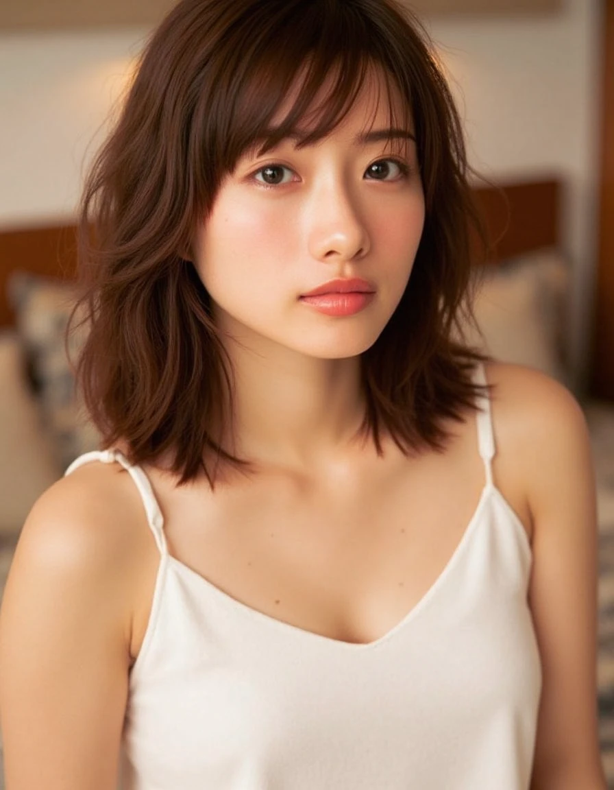 <lora:flux-Satomi-Ishihara-lokrqkv-000022:1>,ishihara,Asian girl,a high-resolution photograph featuring a young japanese woman with a fair complexion and straight, shoulder-length brown hair with bangs, she has large, expressive brown eyes with a soft, inviting gaze, and her lips are full and slightly parted, giving her a delicate, almost ethereal appearance, she is wearing a simple, white, spaghetti-strap top that accentuates her ample breasts, which are partially visible due to the thin straps, the top is made of a soft fabric, possibly cotton or a similar material, and the straps are thin and delicate, the background is blurred, but it appears to be an indoor setting with soft, warm lighting, suggesting a cozy, intimate atmosphere, the overall mood of the photograph is serene and intimate, with a focus on the subject's delicate features and the softness of her skin