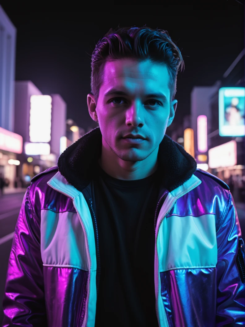 score_9, photo \(medium\), portrait, realistic style photo, male focus, medium shot, retro outfit, synthwave city in the back, synthpunk style, purple neon lights, high contrast, futuristic look   <lora:Latin_guy:0.65> Latin guy, elramostm, gay man <lora:Synthwave_Galaxy__Pony:0.9> synthwave-galaxy <lora:Photo Style SDXL_LoRA_20r_10e_22i_nr32_a16_Pony Diffusion V6 XL:0.35> realistic,