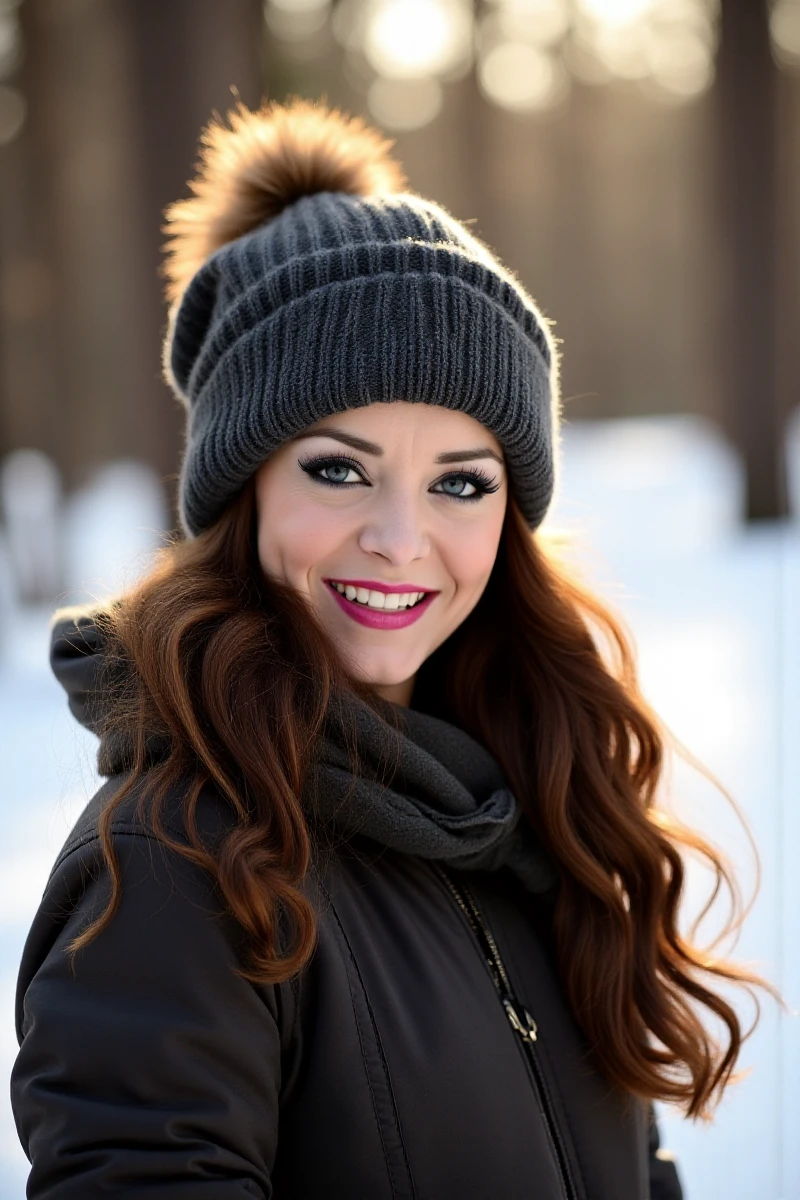 professional portrait of Liza Del Sierra on a sunny winter day in a snowy forest wearing winter clothing including a beanie, smiling, bokeh <lora:Liza_Del_Sierra_Flux_Rapid:1.1>