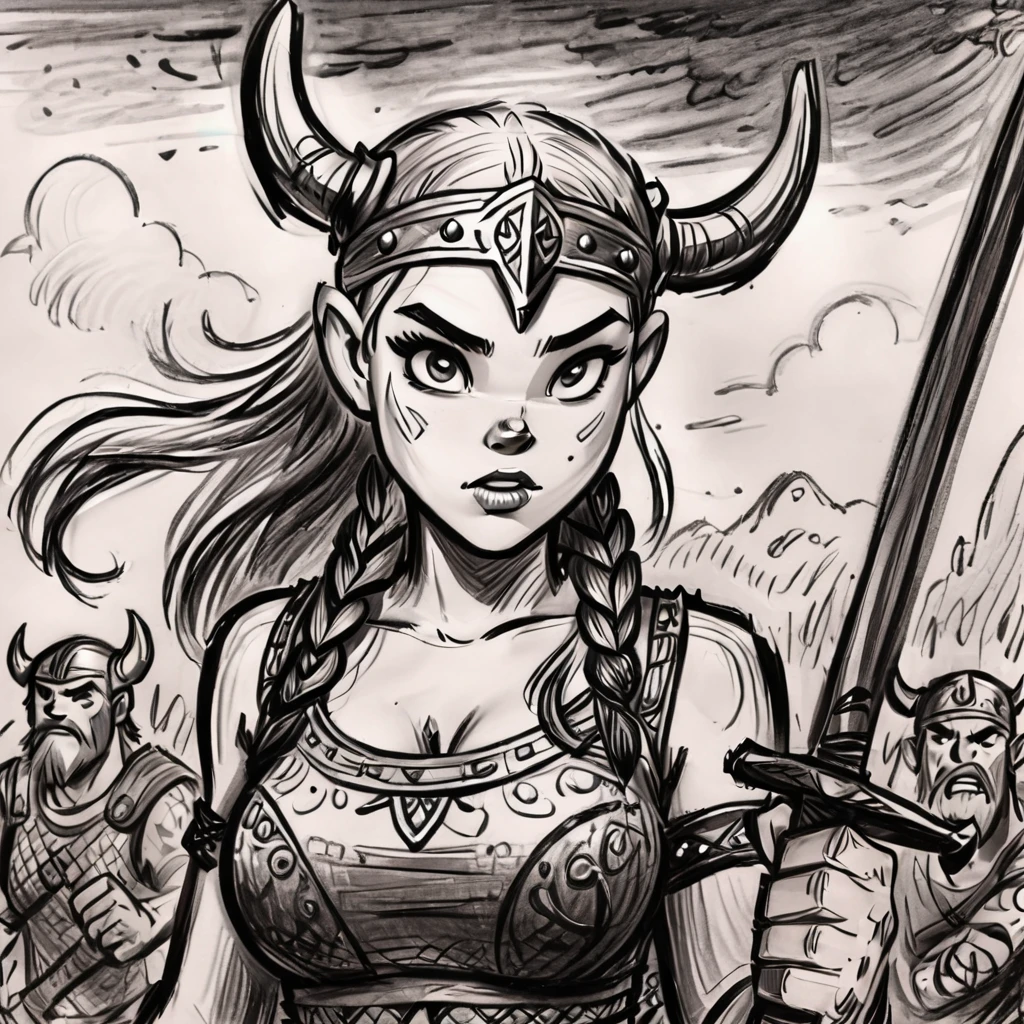 drawix18 girl viking warrior on the battlefield, black ink, very detailed <lora:drawix18:0.8>