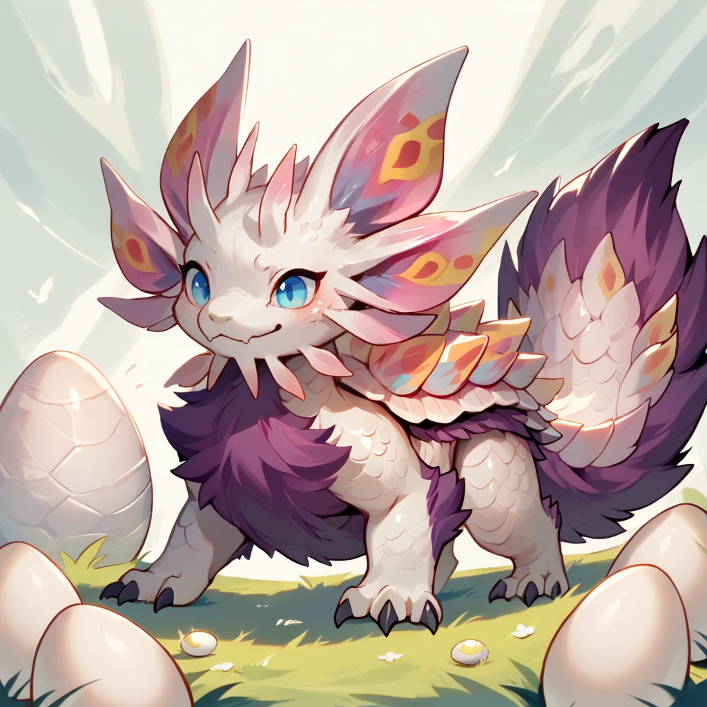 zPDXL,
<lora:Mizutsune-XL-ADAM-V2-000035>,mizutsune,(dragon:0.9),(purple tail fur:1.1),fluffy tail,white scales,feral,tetrapod,blue eyes,claws,chest fur,neck tuft,
chibi,cute,shine,eggshell,(egg:1.2),