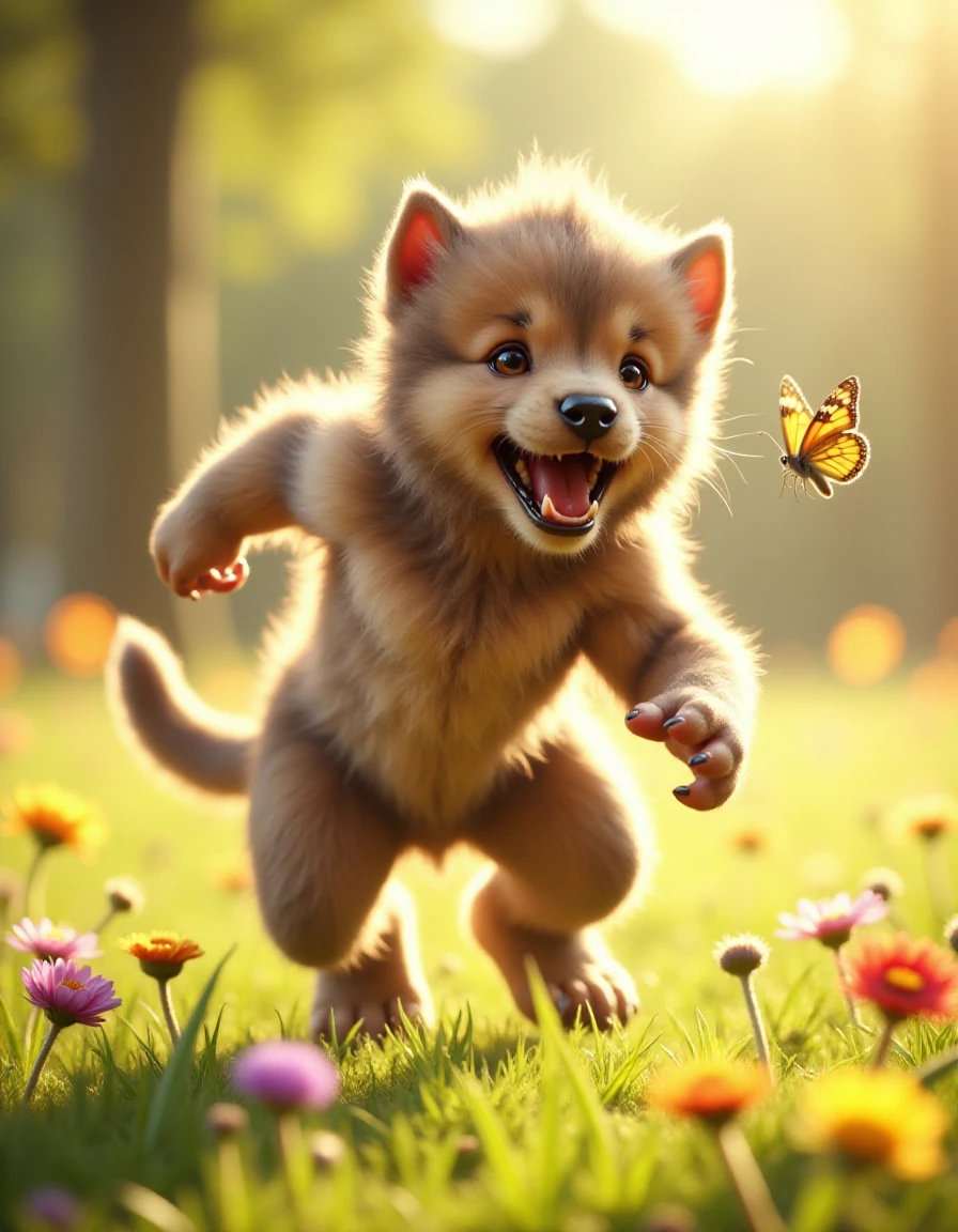 In a sunny meadow filled with colorful wildflowers, a small ral-werwulv pup playfully chases butterflies, its fluffy fur bouncing with each leap. Its oversized paws stumble on the soft grass as it tries to catch a bright yellow butterfly fluttering just out of reach. The warm sunlight makes its fur gleam, and its big, innocent eyes are filled with joy as it tumbles and rolls through the flowers, creating a scene full of playful innocence.
<lora:ral-werwulv-flux:1>