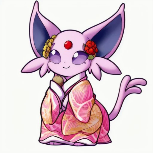 happy, cute, espeon, kimono, outfit, chibi, feral, standing, eating a ice cream