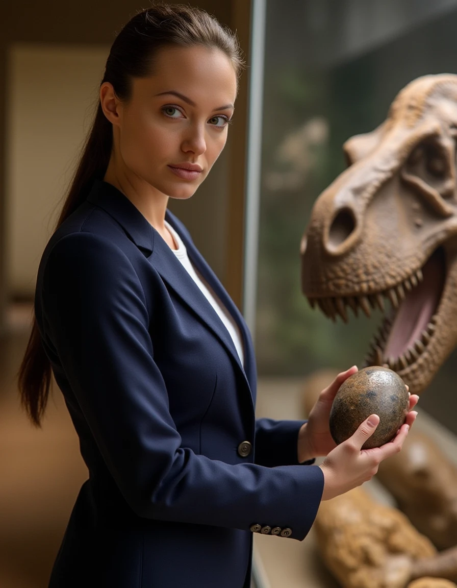 l4r4cr0ft, wears an impeccable navy blue Gucci business suit. She stands before a open glass display case at the Natural History Museum, holding a ancient large fosilized dinosaur egg specimen in her hand while looking at the viewer.
 <lora:l4r4cr0ft-000007:1>