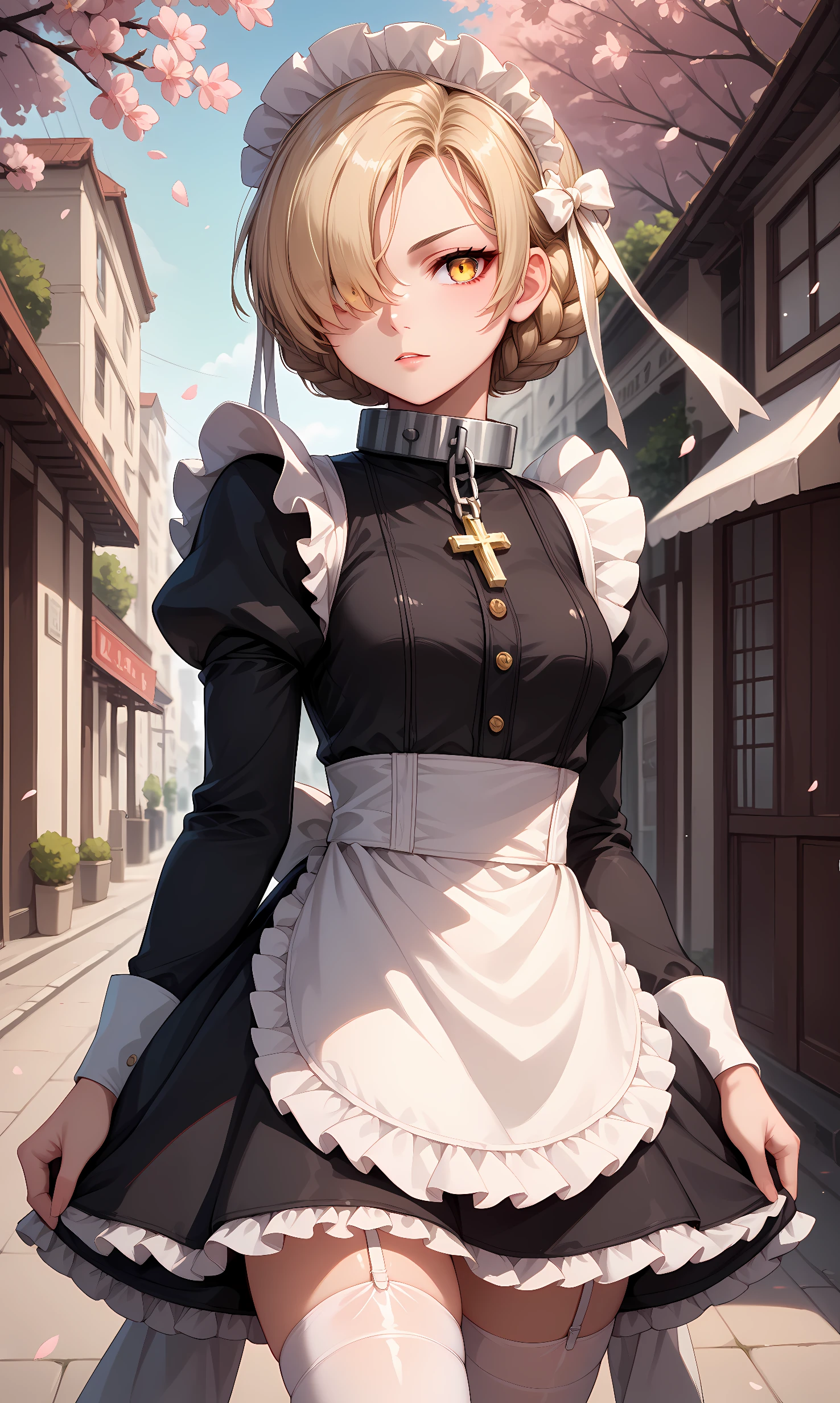 score_9, score_8_up, score_7_up, BREAK source_anime, 1girl, solo, outdoors, street, cherry blossoms, cowboy shot, standing, looking at viewer, shiny skin,sheffield, yellow eyes, short hair, blonde hair, bangs, hair over one eye, braid, ribbon, metal collar, cross, black dress, puffy sleeves, juliet sleeves, frilled dress, frills, maid headdress, maid apron, frilled apron, white thighhighs, garter belt 