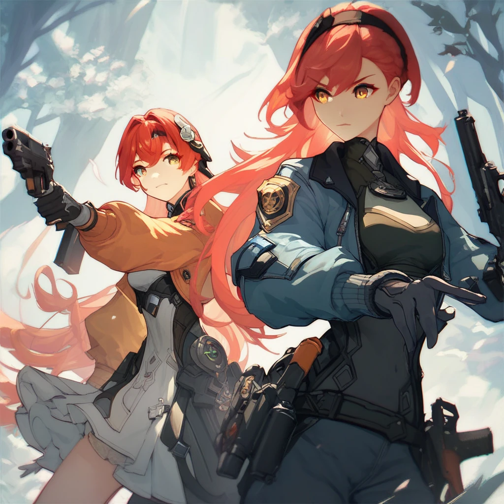 Score_9, score_8_up, score_7_up, fatetrigger, multiple girls, 2girls, weapon, gun, holding weapon, holding, red hair, holding gun, long hair,