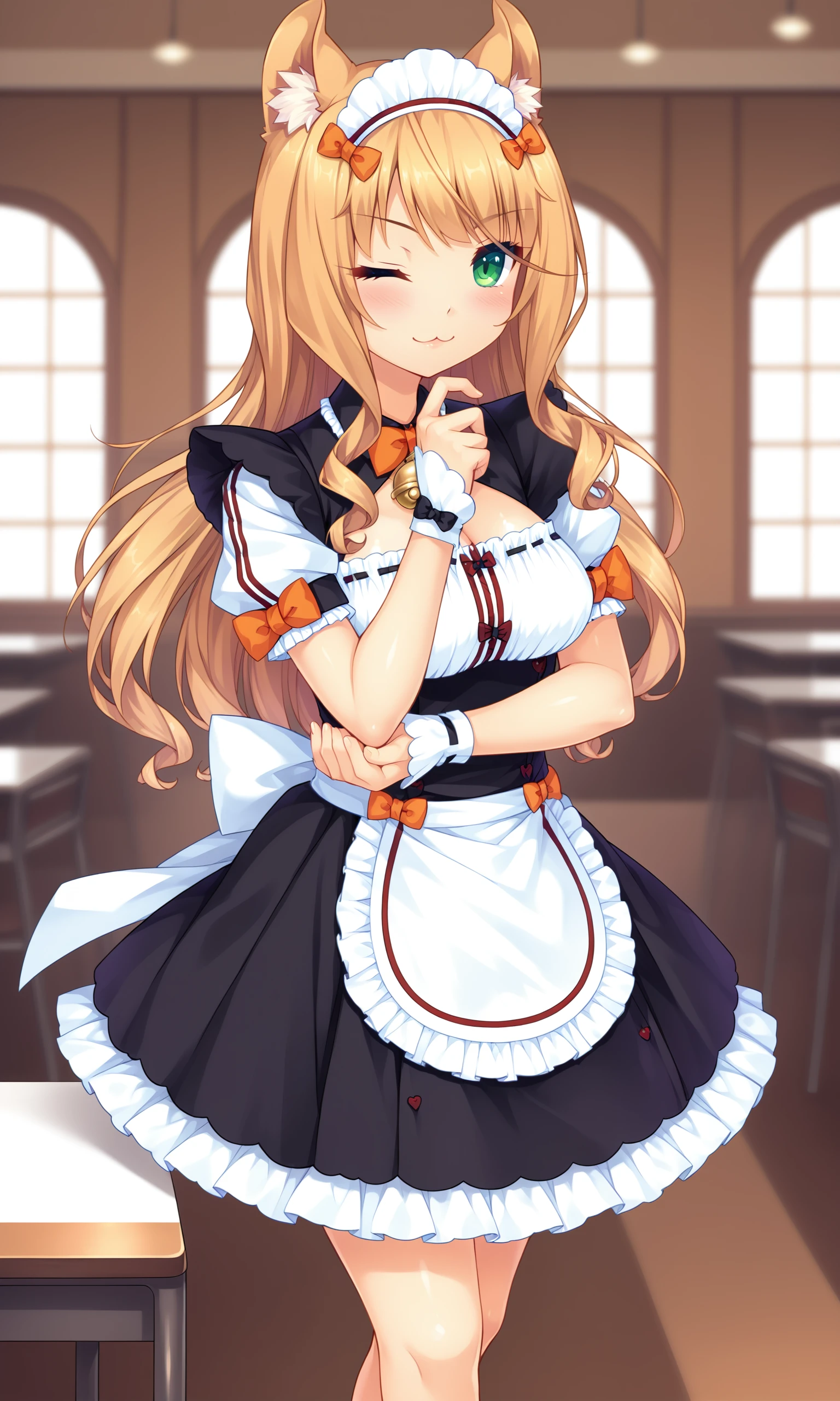 score_9, score_8_up, score_7_up, source_anime, black_maid_uniform, Maple, looking_at_viewer, solo, medium_breasts, frown, closed_mouth, blush, one_eye_closed, :3, smile, cat_ears, animal_ear_fluff, maid_headdress, orange_bowtie, neck_bell, ribbon-trimmed_clothes, puffy_short_sleeves, wrist_cuffs, white_back_bow, miniskirt, white_apron, underbust, waitress, breast_hold, finger_to_own_chin, legs_together, knees, standing, indoors, <lora:Maple_V1(SDXL)_2:0.8> <lora:hand 4:1>, Hand, detailed, perfect, perfection, hands,