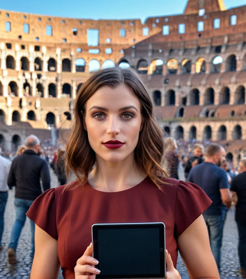 <lora:b3cc4_11XL-000007:0.9>, a (medium close up) photograph of (beautiful 24 year old) (b3cc4 woman:1.1) as a tour guide,wearing a (russet brown) dress,holding an android tablet,standing in front of the Colliseum in Rome,sunny sky with few clouds,tourist crowds in background,long dark hair,(mahogany red lips),makeup and mascara,(face focus),photorealism,realistic lighting,(bokeh),realistic shadows,masterpiece,Award-winning photography,realistic skin texture,UHD HDR,8K wallpaper,Hyperrealistic, Hyperdetailed, subsurface scattering, heavy shadow, best quality, rule of thirds, Intricate, High Detail, 16mm, color graded portra 400 film, detailed pupils, 35mm photograph, professional