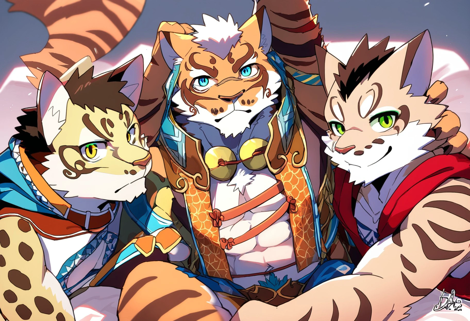 score_9,score_8_up,score_7_up, <lora:Nekojishi_PonyXL_rev2-000050:1>likulau+lin hu+shu-chi,nekojishi+studio klondike,bearlovestiger13,|||,amber eyes ,anthro ,blue eyes ,countershading ,fur ,green eyes ,group ,looking at viewer ,male ,2017+digital drawing (artwork)+digital media (artwork)+hi res,,clouded leopard+felid+feline+felis+leopard cat+mammal+pantherine+prionailurus+tiger,