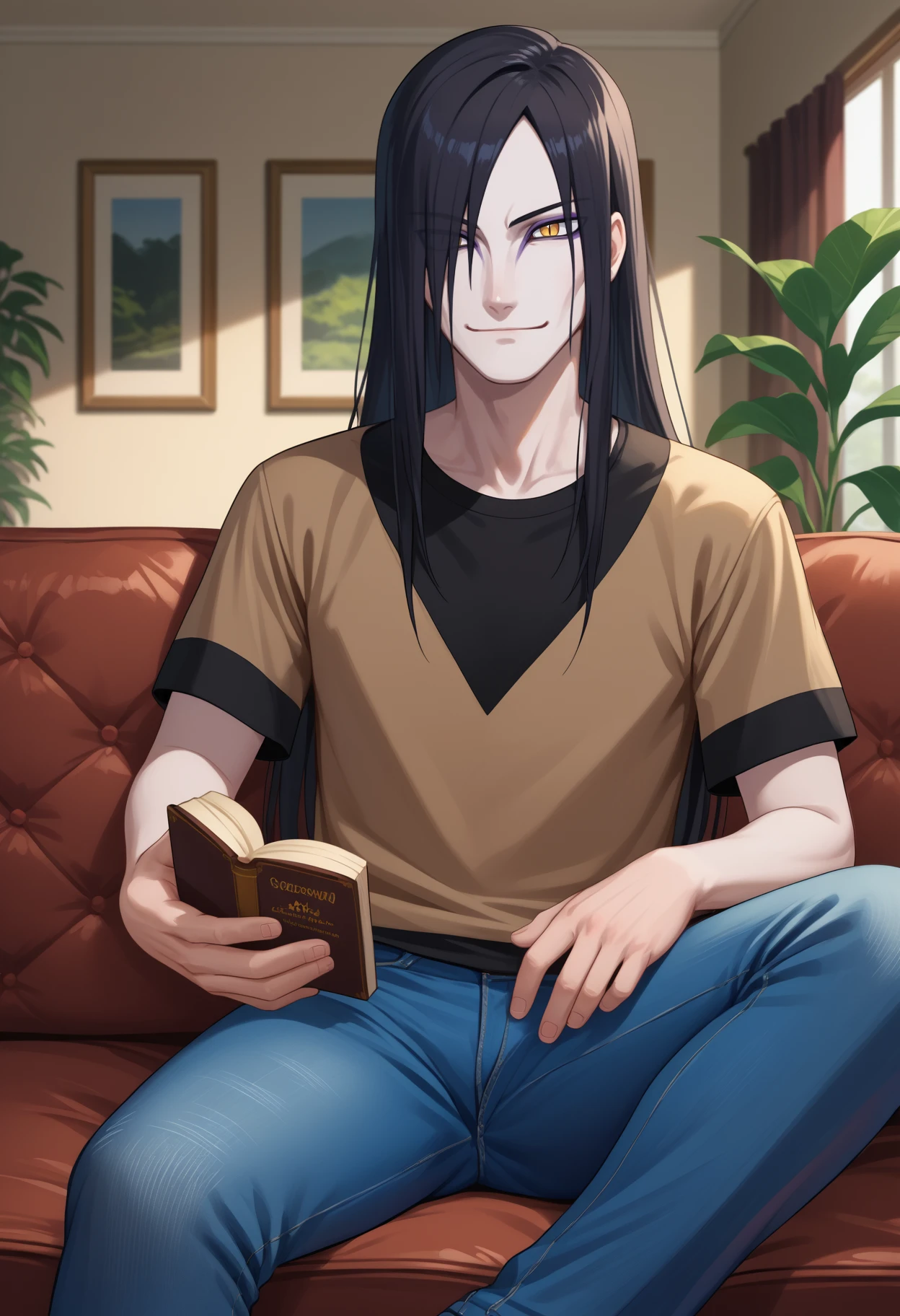 score_9, score_8_up, score_7_up, source_anime, <break> solo, male focus, 1boy, orochimaru, pale skin, makeup, light smile, looking at you, sitting, couch, holding book, long hair, black hair, hair over one eye, yellow eyes, slit pupils, black shirt, t-shirt, jeans, indoors, living room
<segment:yolo-face_yolov8m.pt,0.4,0.5//cid=1>