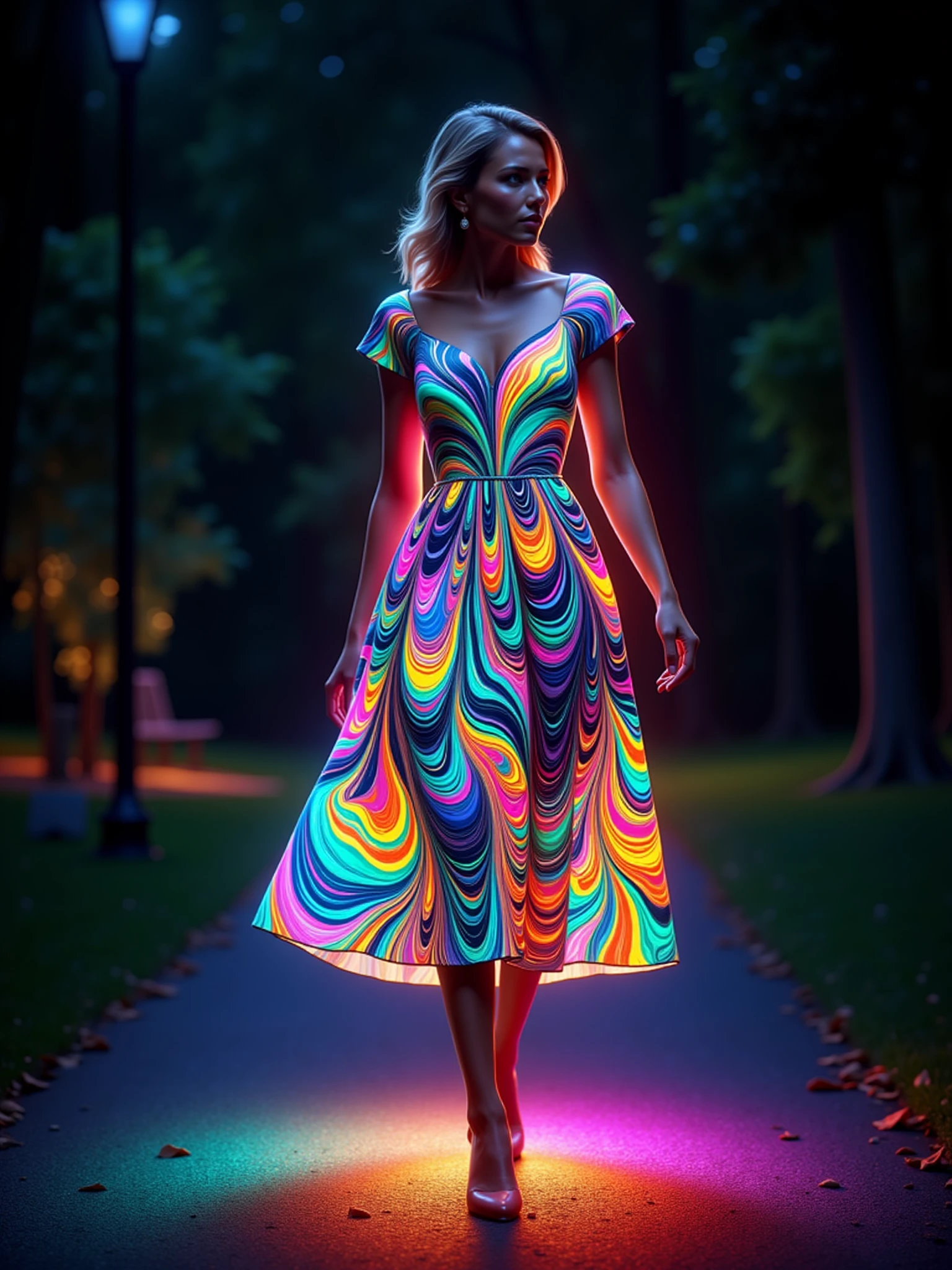 woman wearing a glowing mad-glwngmrbldppr dress walking through a public park, smile   <lora:glowing-marbled-paper-flux:1>, night