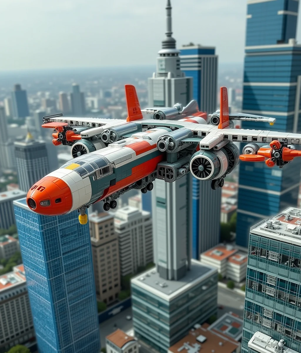 lego,an aircraft floating on the futurist city