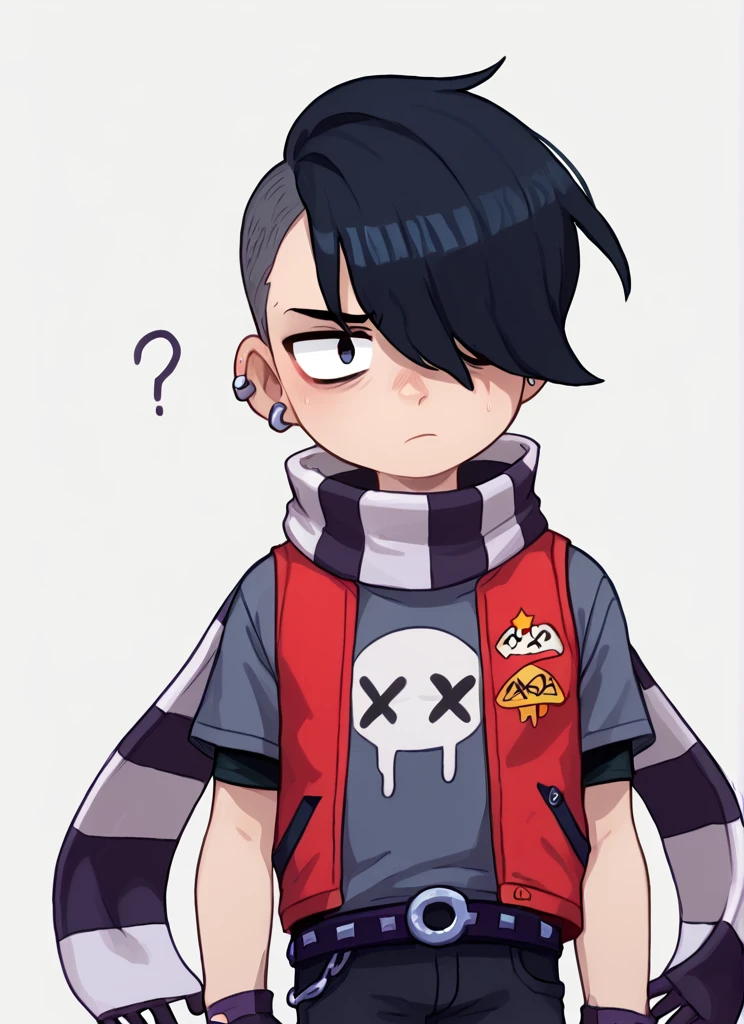 score_9, score_8_up, score_7_up,   <lora:bsedgar:1>bsedgar    , 1boy ,red vest , short hair , black hair, hair over one eye, ear piercing, solo,striped scarf  grey shirt,  short sleeves, belt , black pants ,black gloves,   fingerless gloves, black nails, <lora:PossumMachine:1>posmach  , confused,  looking at viewer,  , ??? , simple background,  ??,