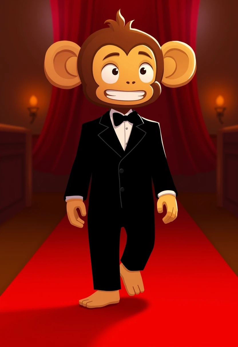 <lora:BTD6guy90FluxV1-000001:1>, a monkey boy in the style of bloonstowerdefense6. He is wearing a black suit and black tie. He is walking the red carpet  at a fancy event