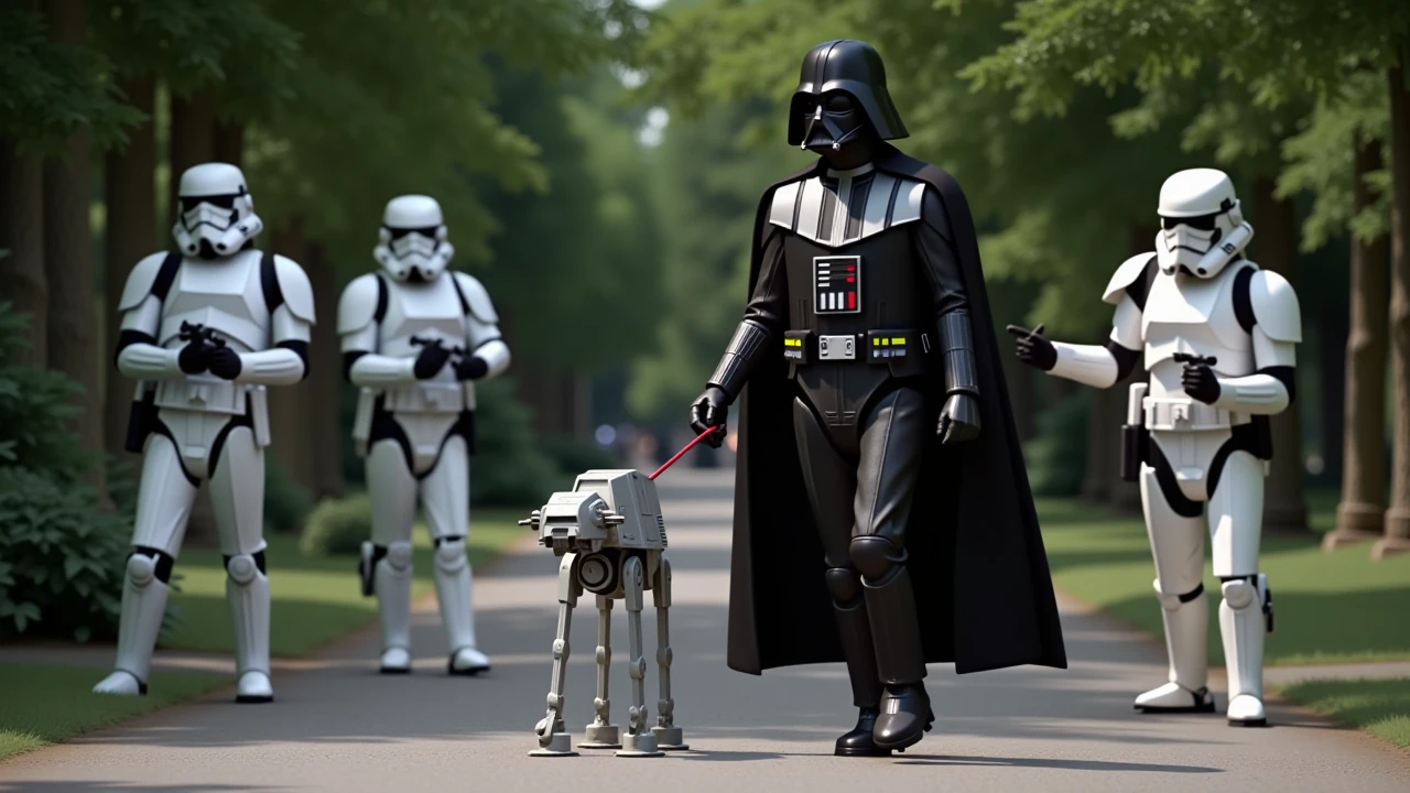 a star wars style,lucasfilm movie still of darth vader walking his small miniature at-at on a leash,at he central park, stormtroopers laughing and pointing in background,<lora:AT-AT:1>, <lora:star wars style v1:1> star wars style