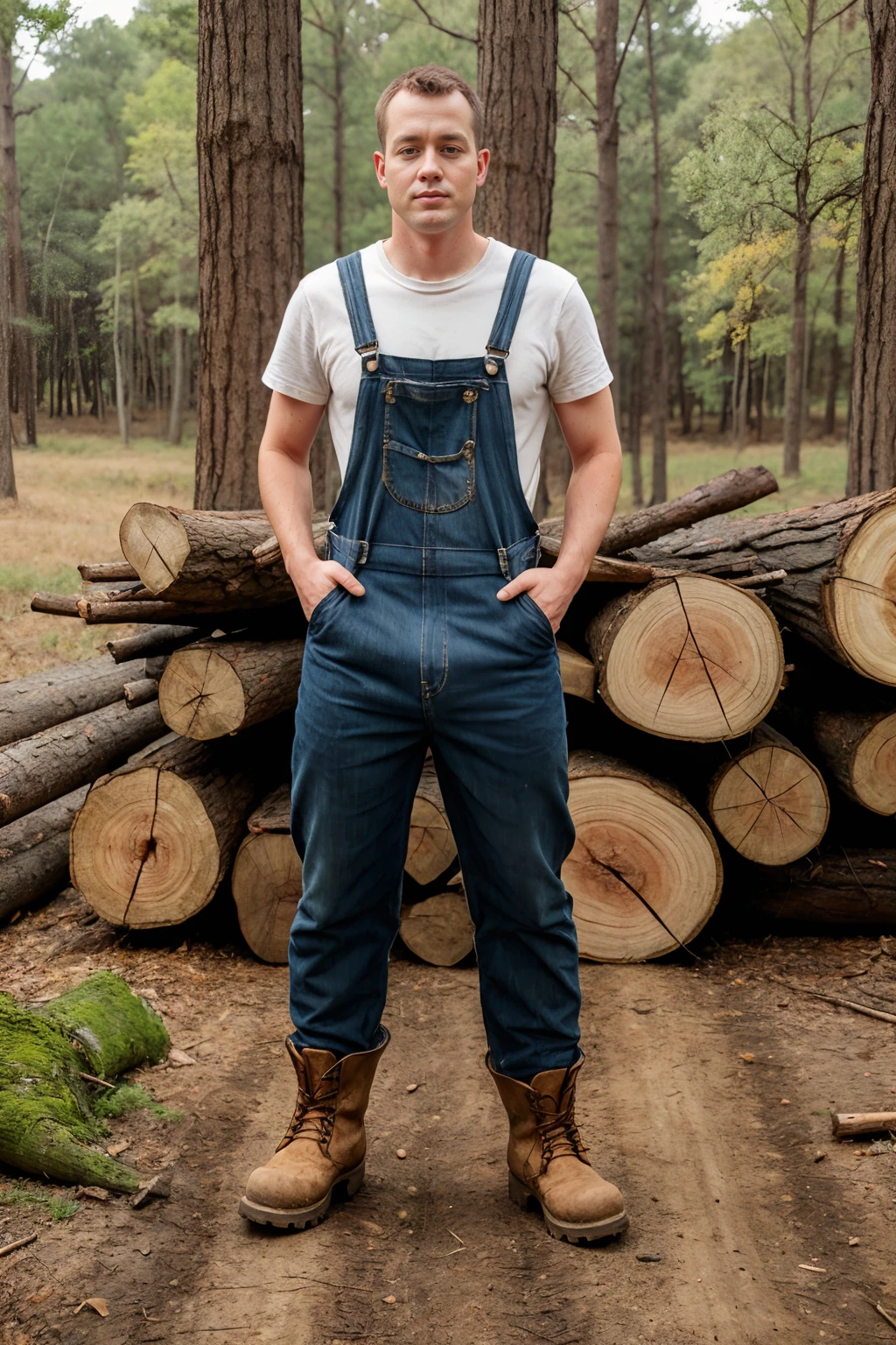 forest of oak trees, MarkLong is a lumberjack, (naked overalls), work boots, chopped firewood, (((full body portrait))), wide angle, <lora:MarkLong:0.8> <lora:Clothing - Sexy Blacksmith:0.3>