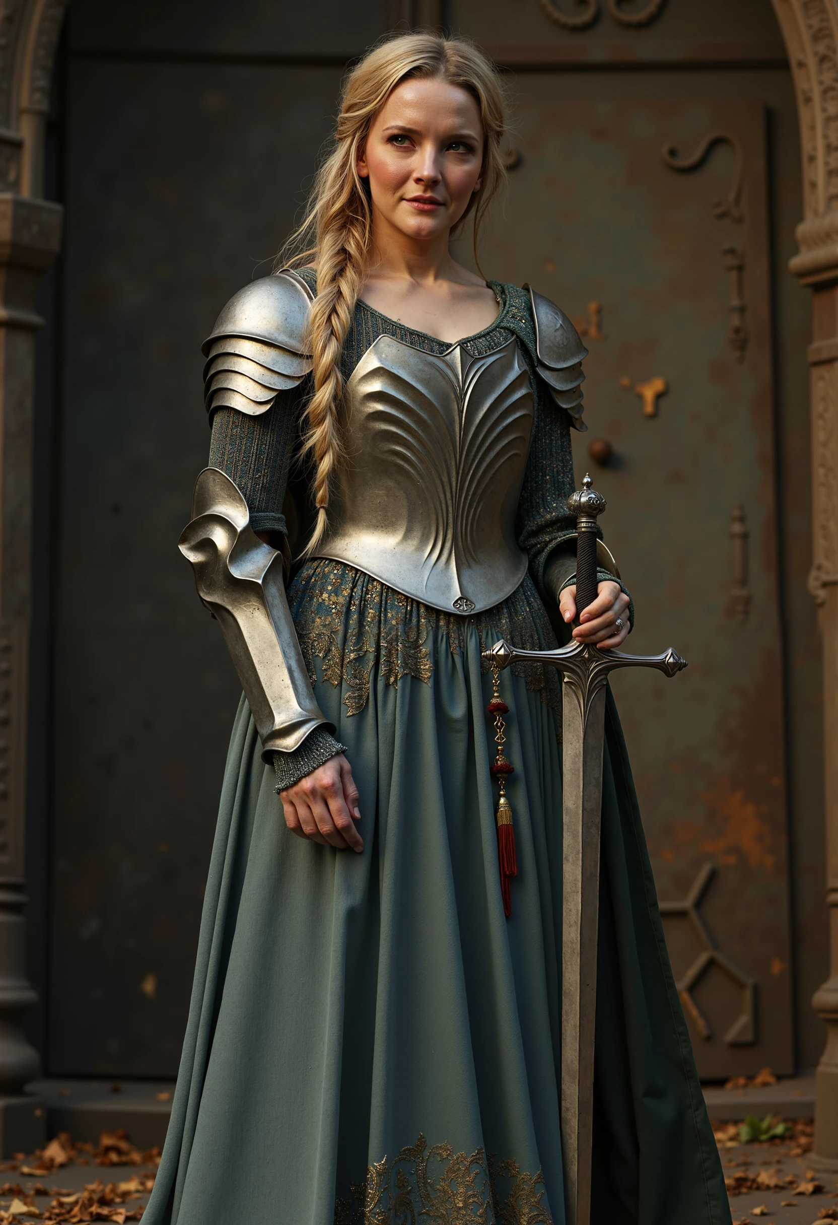 g4l4dr1el, raw photo of a woman wearing armor, holding a sword, 8k, masterpiece, brilliant composition