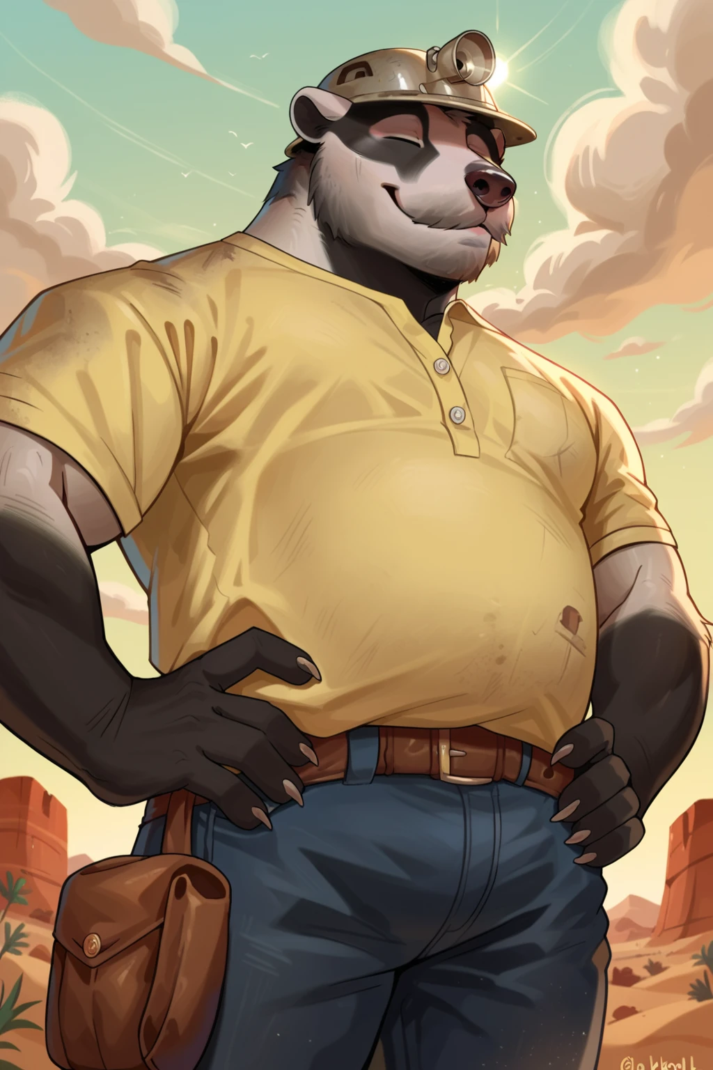 score_9, score_8_up, score_7_up, cartoon style, 2d, Nikolai Krol, The Smoke Room, badger, brown eyes, pale yellow shirt, blue jeans, brown belt, mining helmet, solo, anthro, musclegut, anthro, low angle view, standing, hands on hips, desert, smile, closed eyes