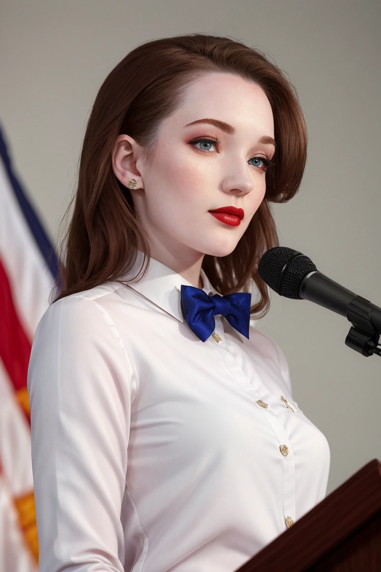 <lora:danielleriley-06:0.6>,,danielleriley, ((red lipstick, blush, pale skin)),  ((masterpiece, best quality, extremely detailed, high resolution)), ((detailed eyes, detailed face)),((fully clothed, modest)), , a photo of woman, giving a speech, USA, american flag, podium, microphone, bow tie, shirt