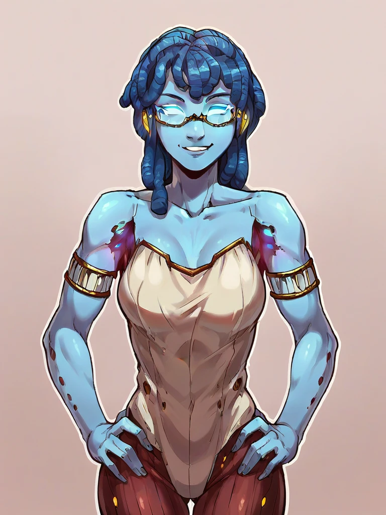 score_7_up, 1girl, cowboy shot, colored skin, <lora:Kaelli_-_Warframe_-_Pony:0.8> kaelli, colored skin, blue glowing eyes, glasses, smile, facing viewer, hands on own hips,