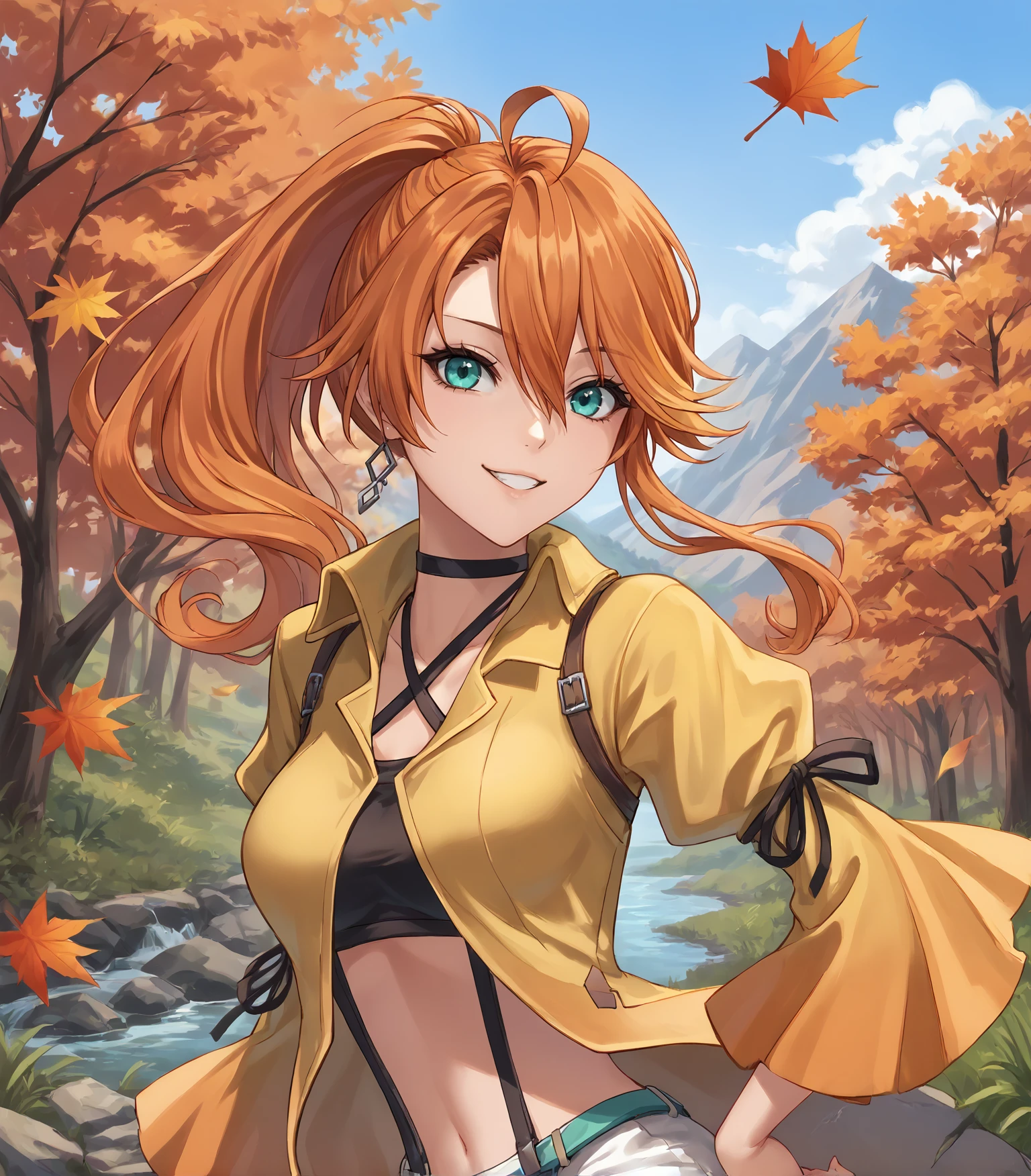 score_9, score_8_up, score_7_up,
1girl, solo, 
 <lora:JudithKai:0.9>, Judith Ranster, orange hair, two-tone hair, ponytail, ahoge, aqua eyes, medium breasts, single earring, choker, yellow coat, black bandeau, white shorts, suspenders, fishnet thighhighs, black thighhighs, white high heels, 
looking at viewer, happy, upper body, portrait,
outdoors, distant mountain, autumn, sky, trees, leaves, stream,
<lora:LDART_style_pony_v3:0.7>,, <lora:Racoonkun_Artist_Style:0.4>, racoonsan,