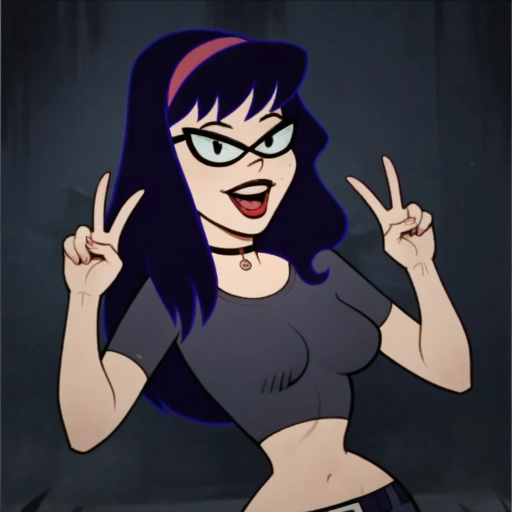 score_9, score_8_up, score_7_up, 1girl, glasses, long hair, black hair, headband, choker, makeup, large breasts, midriff, narrow waist, wide hips, double v, looking at viewer, absurdres, high quality, masterpiece, flat color, fca style, toon \(style\), 2d, <lora:Tabitha_ATHF:1>