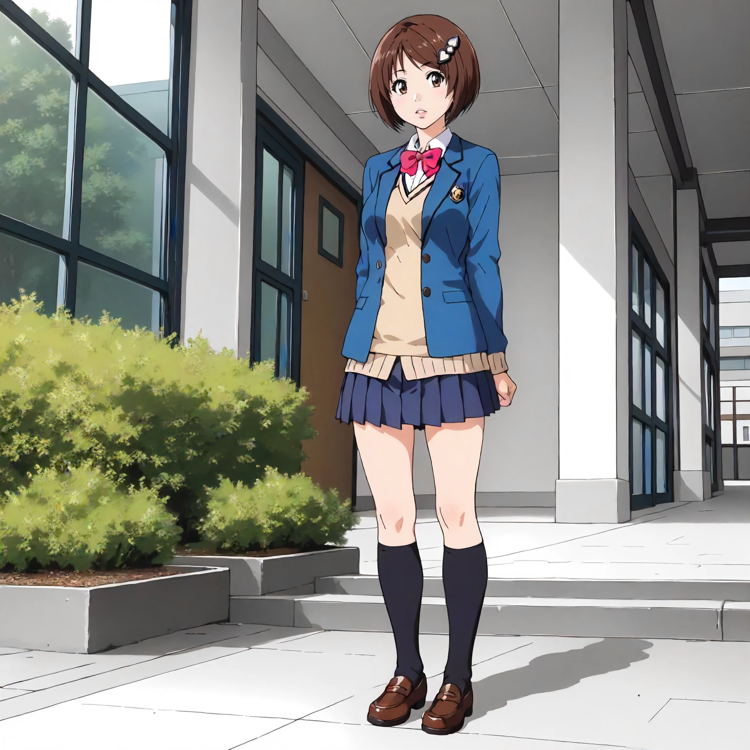 <lora:EPP_SayakaYuzuharaXLpony001>,
parted lips,
solo,
SayakaYuzuhara,1girl,brown hair,short hair,hair_ornament,brown eyes,
school_uniform,blue jacket,long_sleeves,sweater_vest,bowtie,pleated_skirt,
full body,standing,