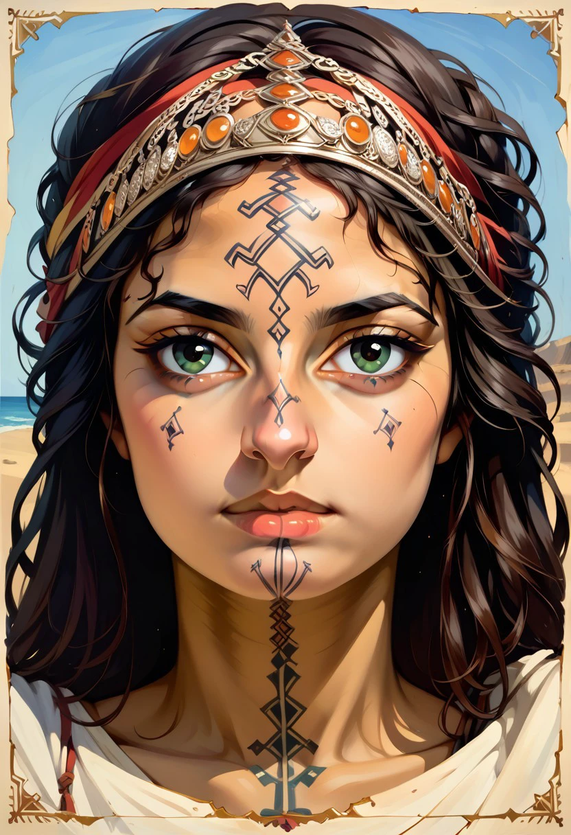 1girl, Amazigh tattoo, moroccan face tattoo, beautiful girl, habiba, desert, sea, highest quality, masterpiece illustration, portrait