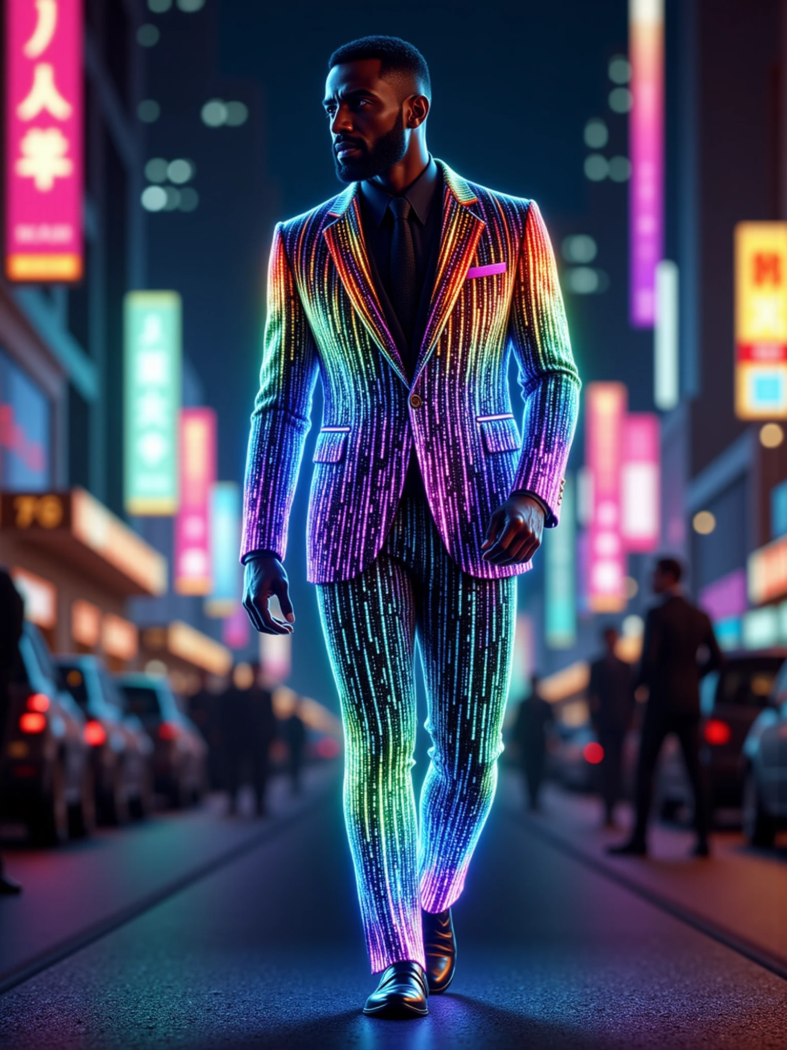 man wearing a glowing mad-glwngmrbldppr suit walking through city, dynamic_pose, from side, light smile, cinematic shot   <lora:glowing-glitch-flux:1>, night