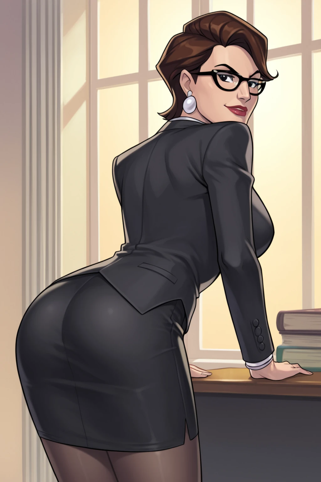 PonyXLV6_Scores BREAK (((parody)), perfect anatomy, perfect eyes, cowboy shot), <lora:add_details_xl:0.8> BREAK <lora:Mystique:0.7> raven darkholme, black eyes, lipstick, flirting, raised eyebrow, ((looking back at viewer)), principal, brown hair, glasses, formal, jewelry, necklace, earrings, suit, jacket, pencil skirt, pantyhose, curvy, toned, athletic, large breasts, bending over desk, presenting ass, in luxurious office