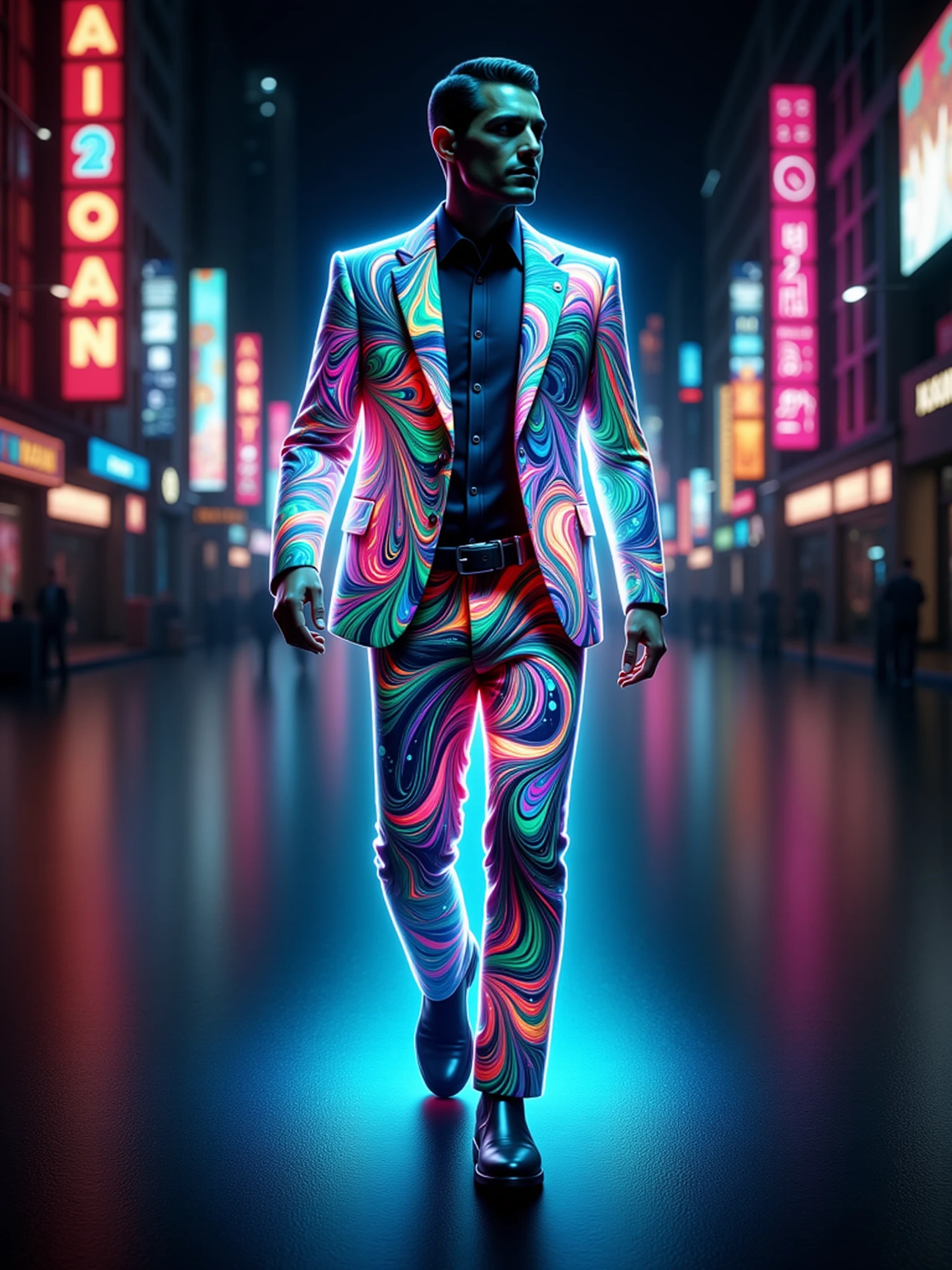 man wearing a glowing mad-glwngmrbldppr suit walking through city, dynamic_pose, from side, light smile, cinematic shot   <lora:glowing-marbled-paper-flux:1>, night