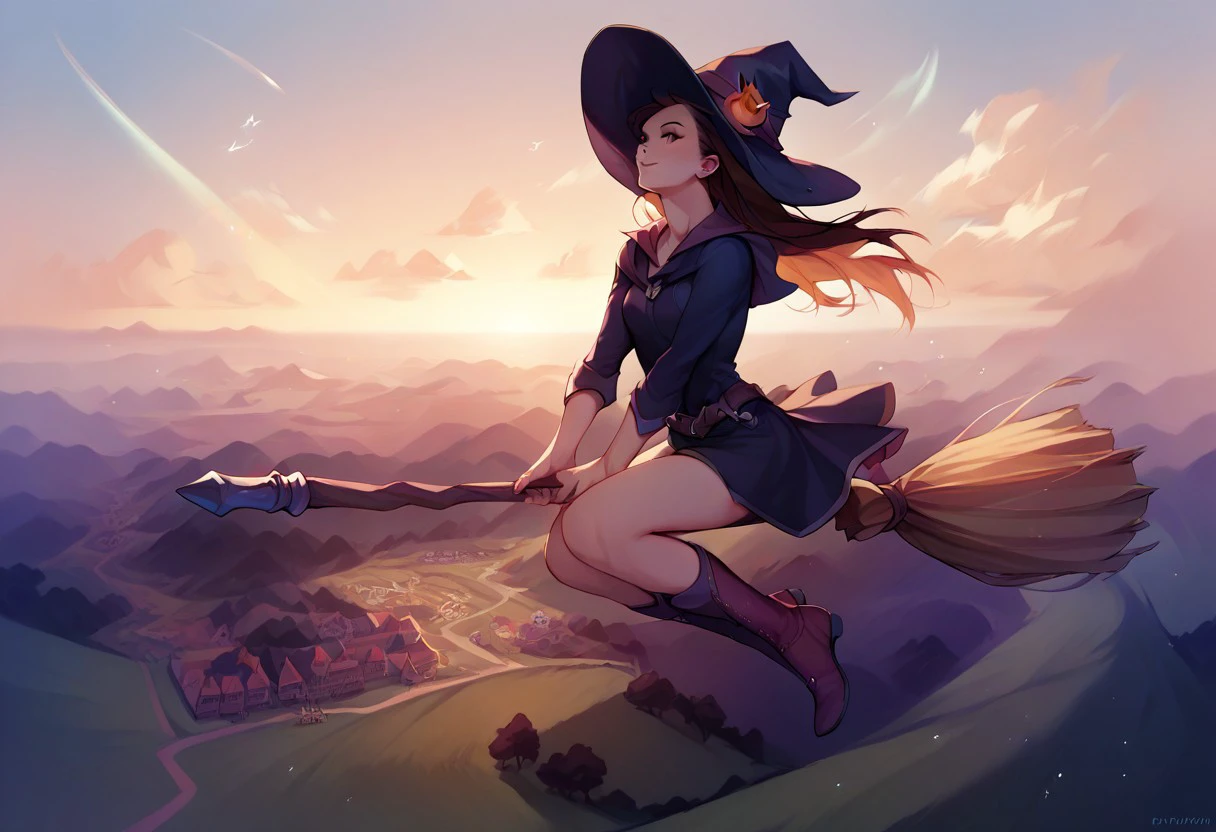 score_9, score_8_up, score_7_up, score_6_up, score_5_up, colourful, 8k, detailed face, 1girl, solo, witch, hat, r1dingbroom, riding broom, broom, day, sky, flying, speed, wind, fields, close-up,